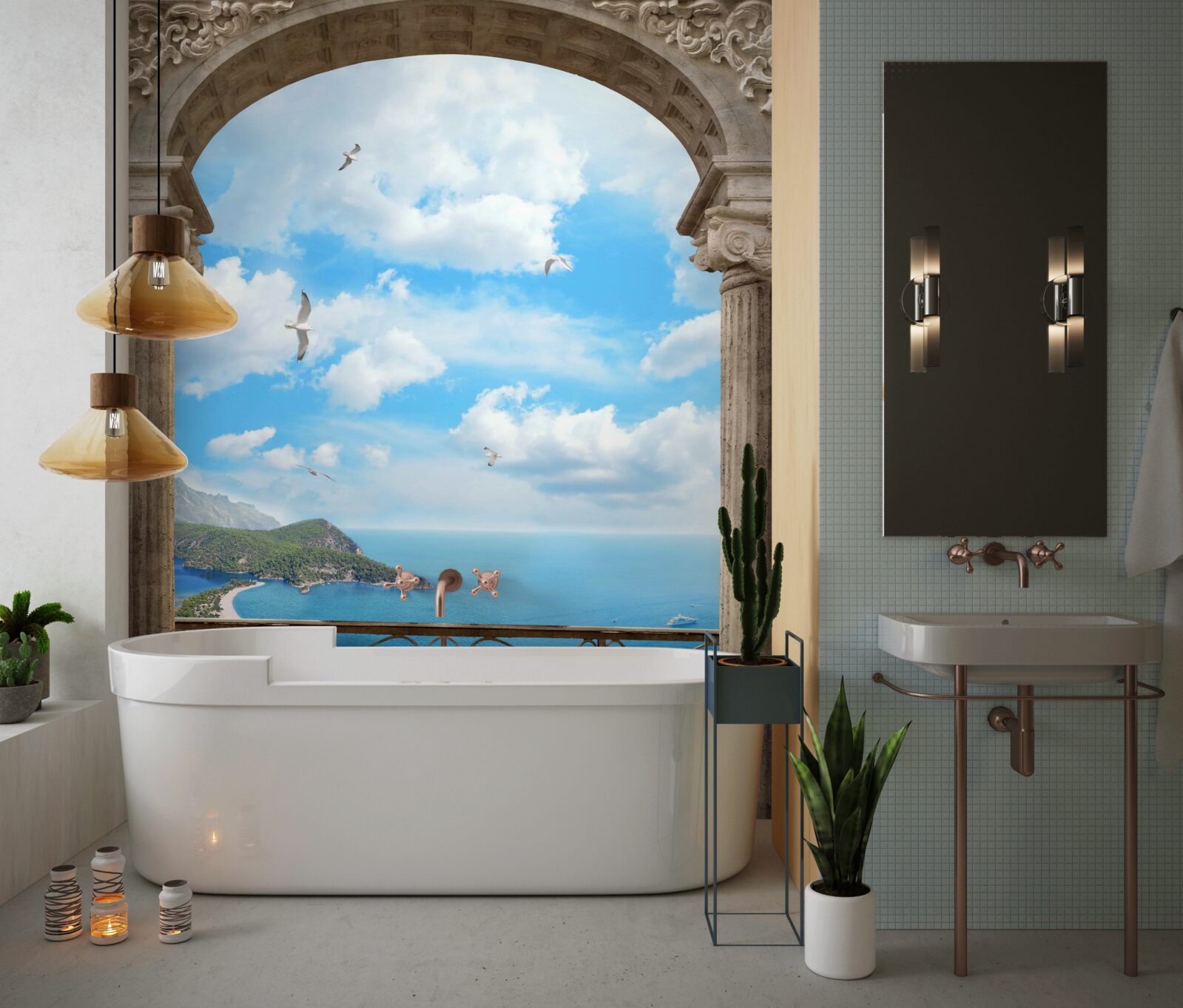 Fotobehang gewelfd balkon met oceaanzicht