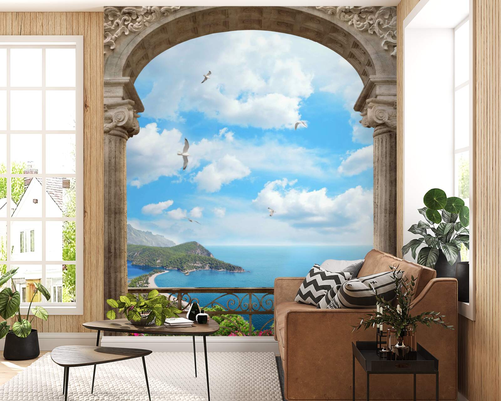 Fotobehang gewelfd balkon met oceaanzicht