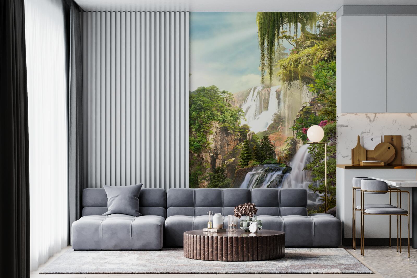 Fotobehang groen omringt de watervallen