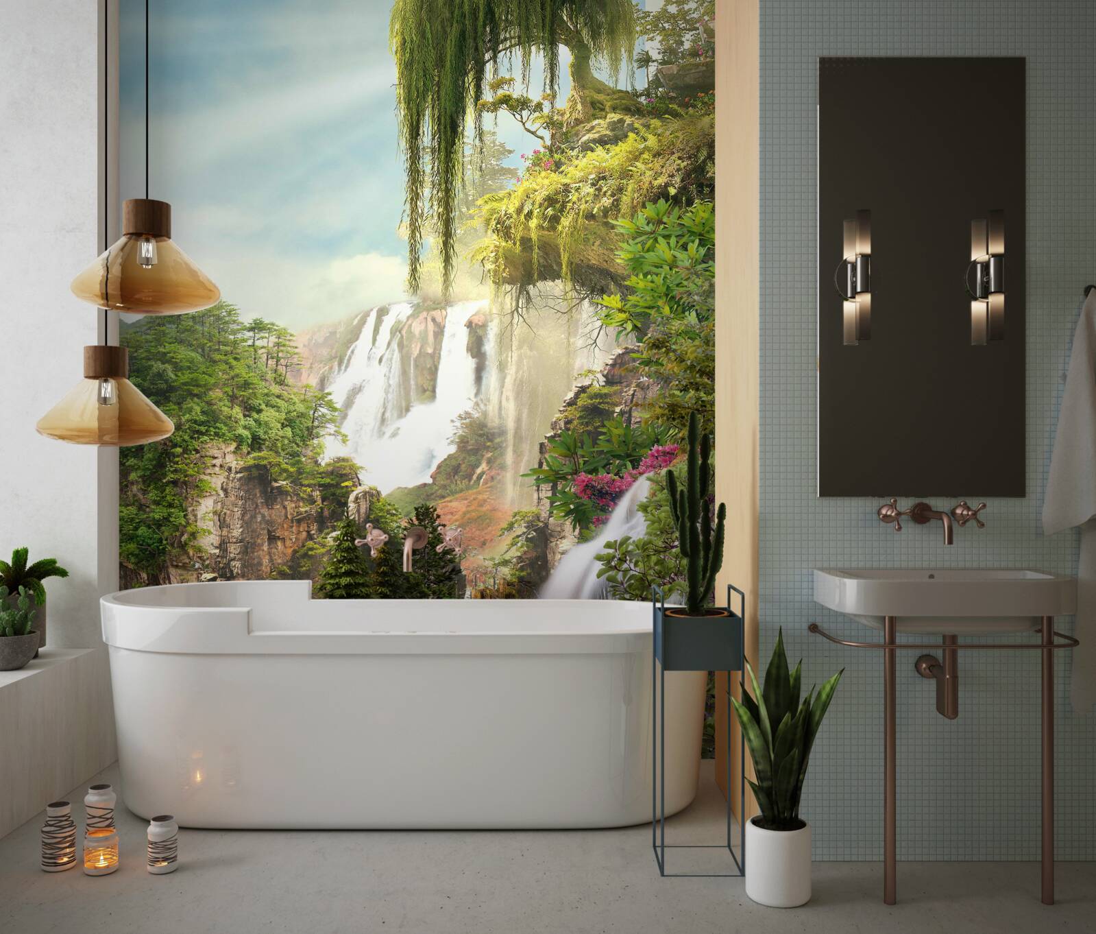 Fotobehang groen omringt de watervallen