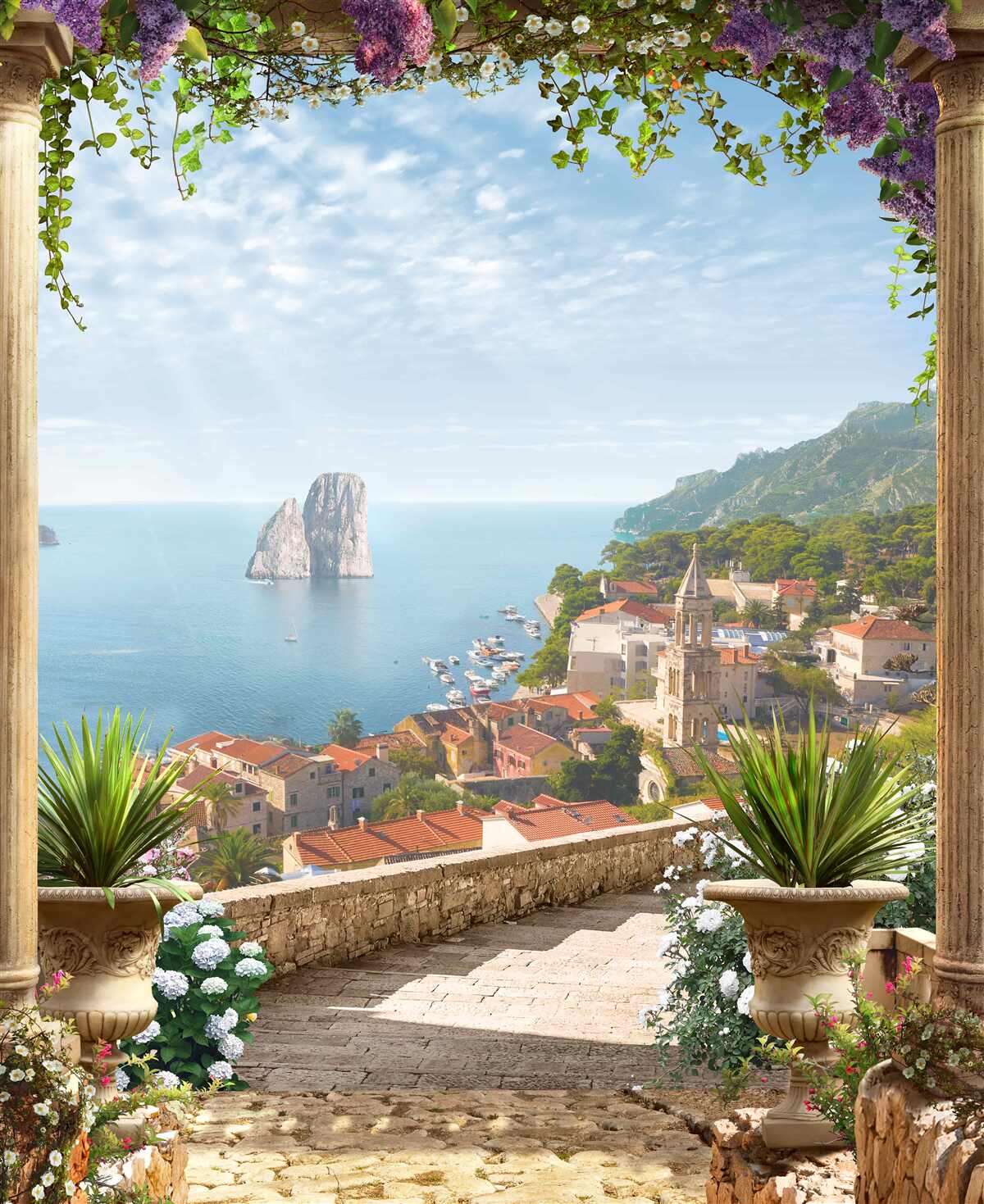 Fotobehang panorama van de historische stad en de zee