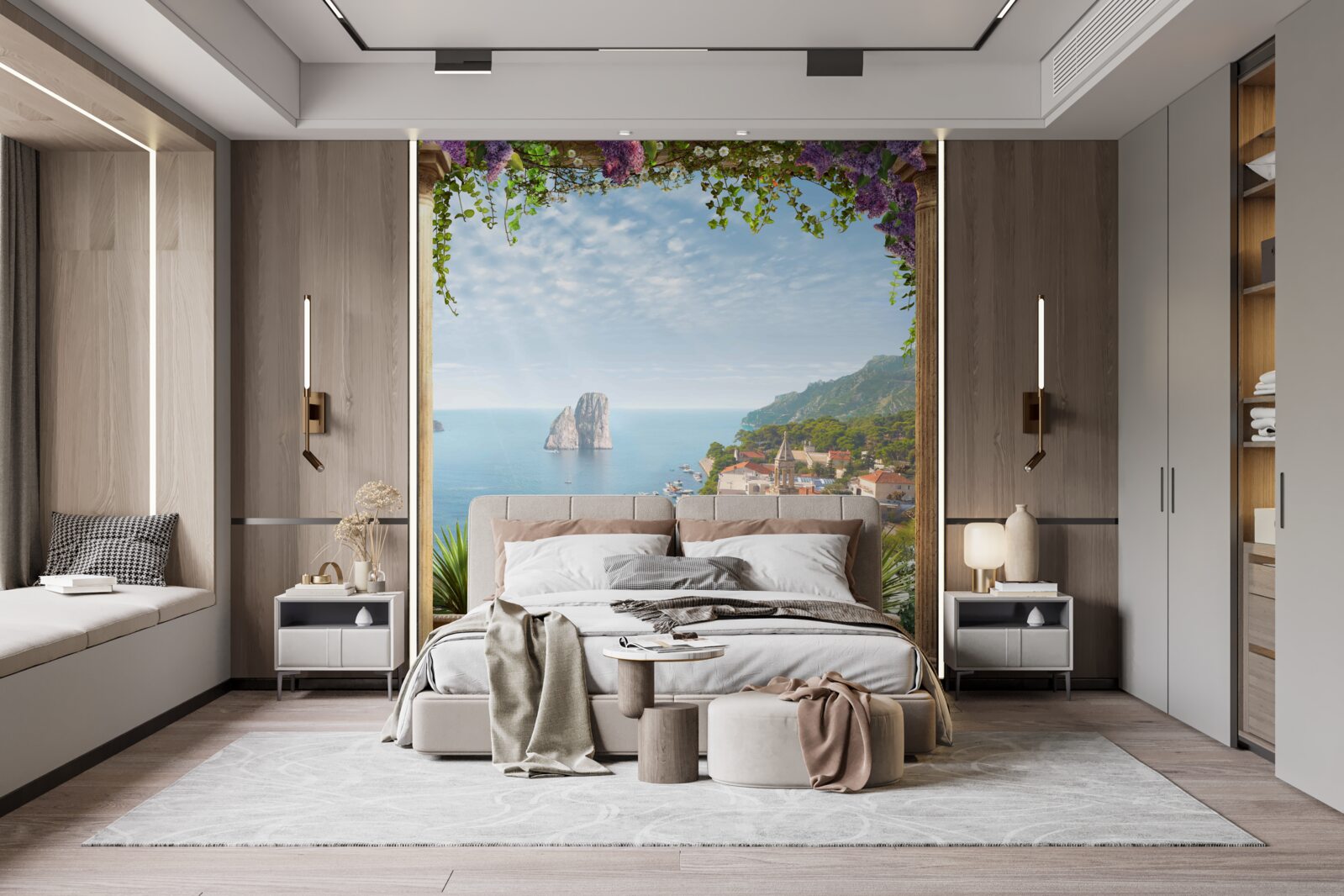 Fotobehang panorama van de historische stad en de zee