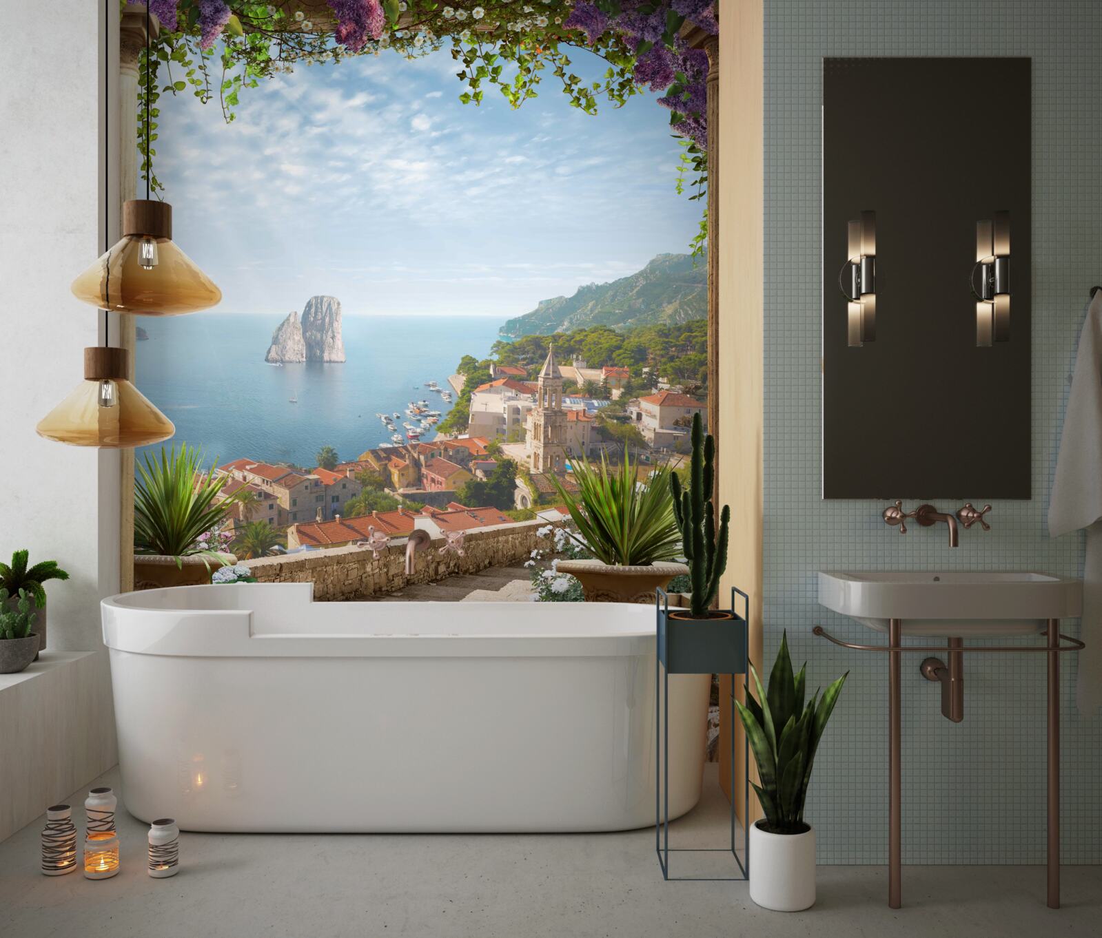 Fotobehang panorama van de historische stad en de zee