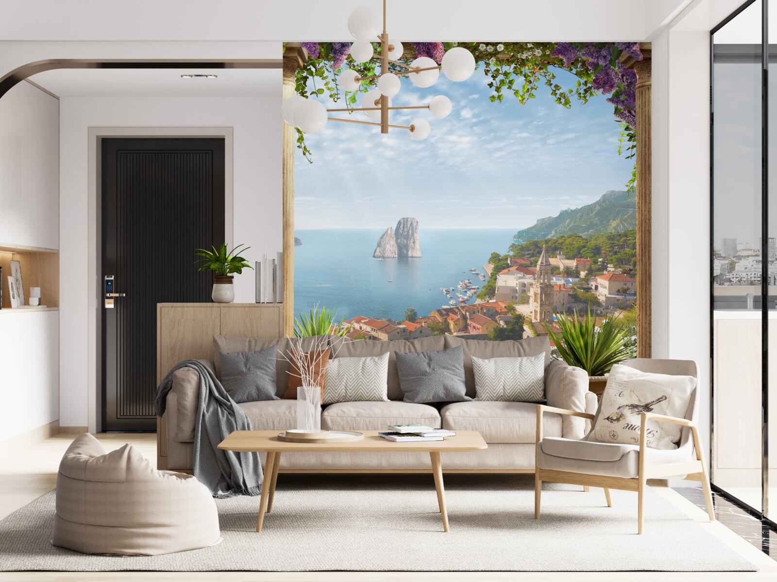 Fotobehang panorama van de historische stad en de zee