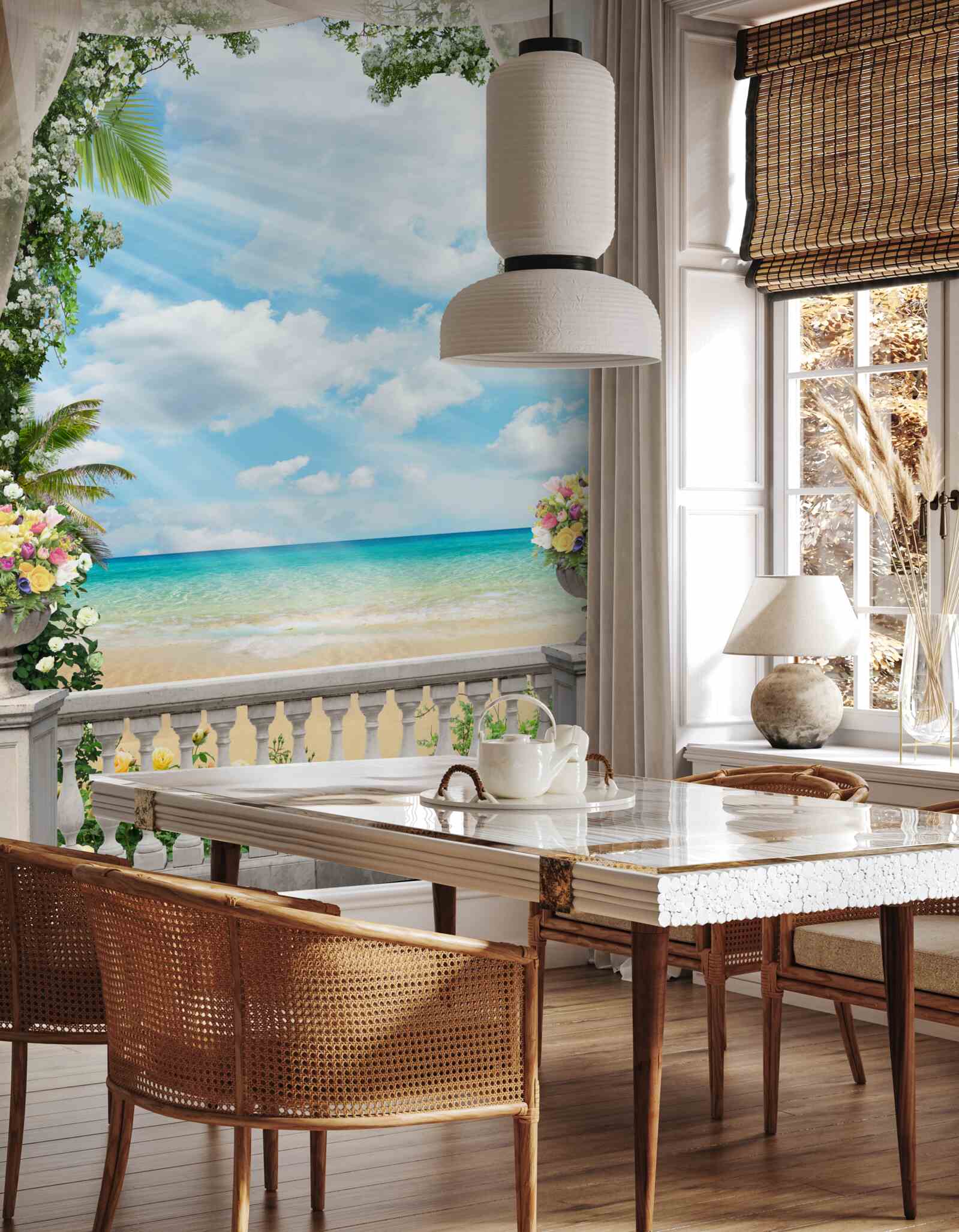 Fotobehang balkonramen kijken uit op het zandstrand en de zee