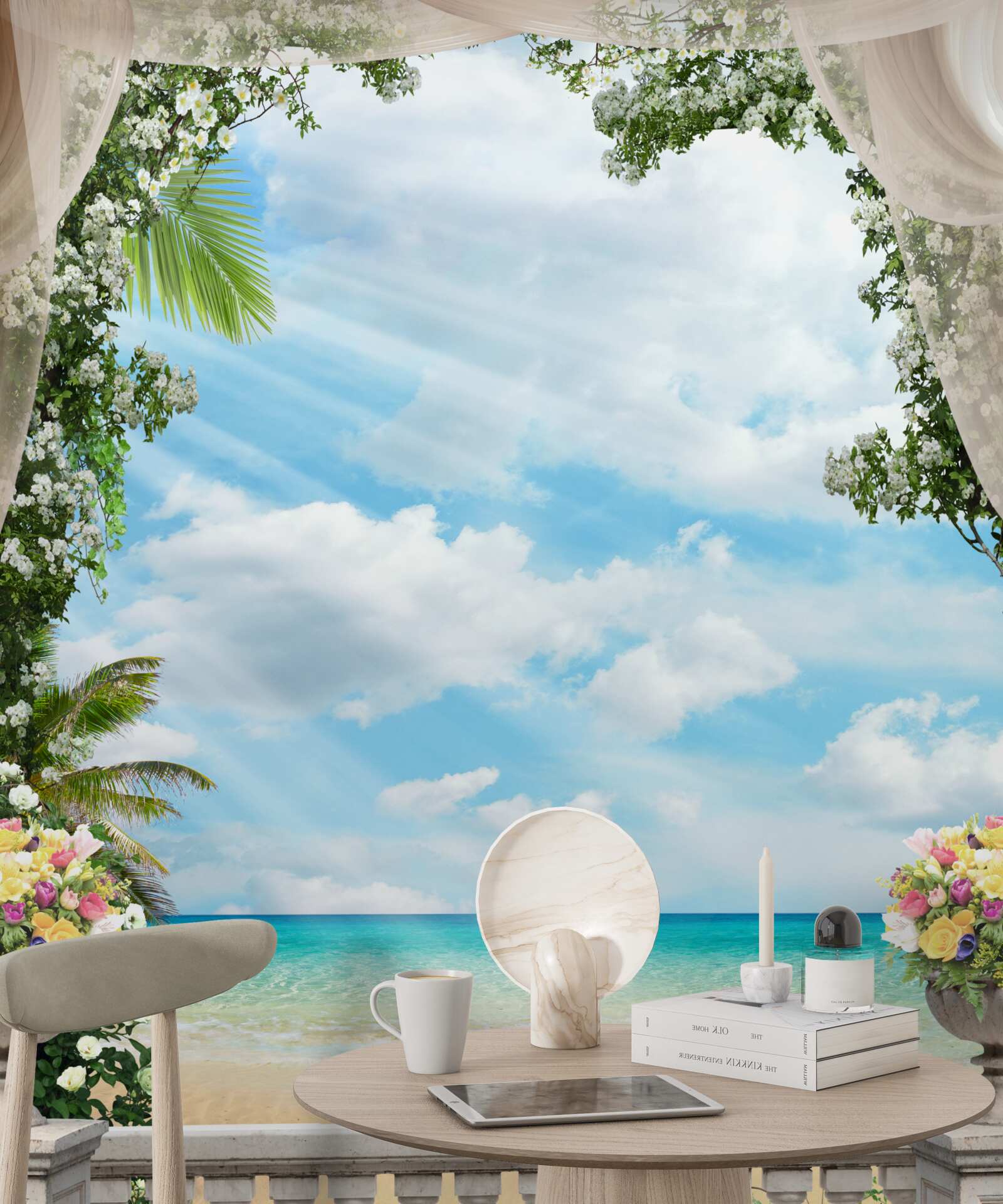 Fotobehang balkonramen kijken uit op het zandstrand en de zee