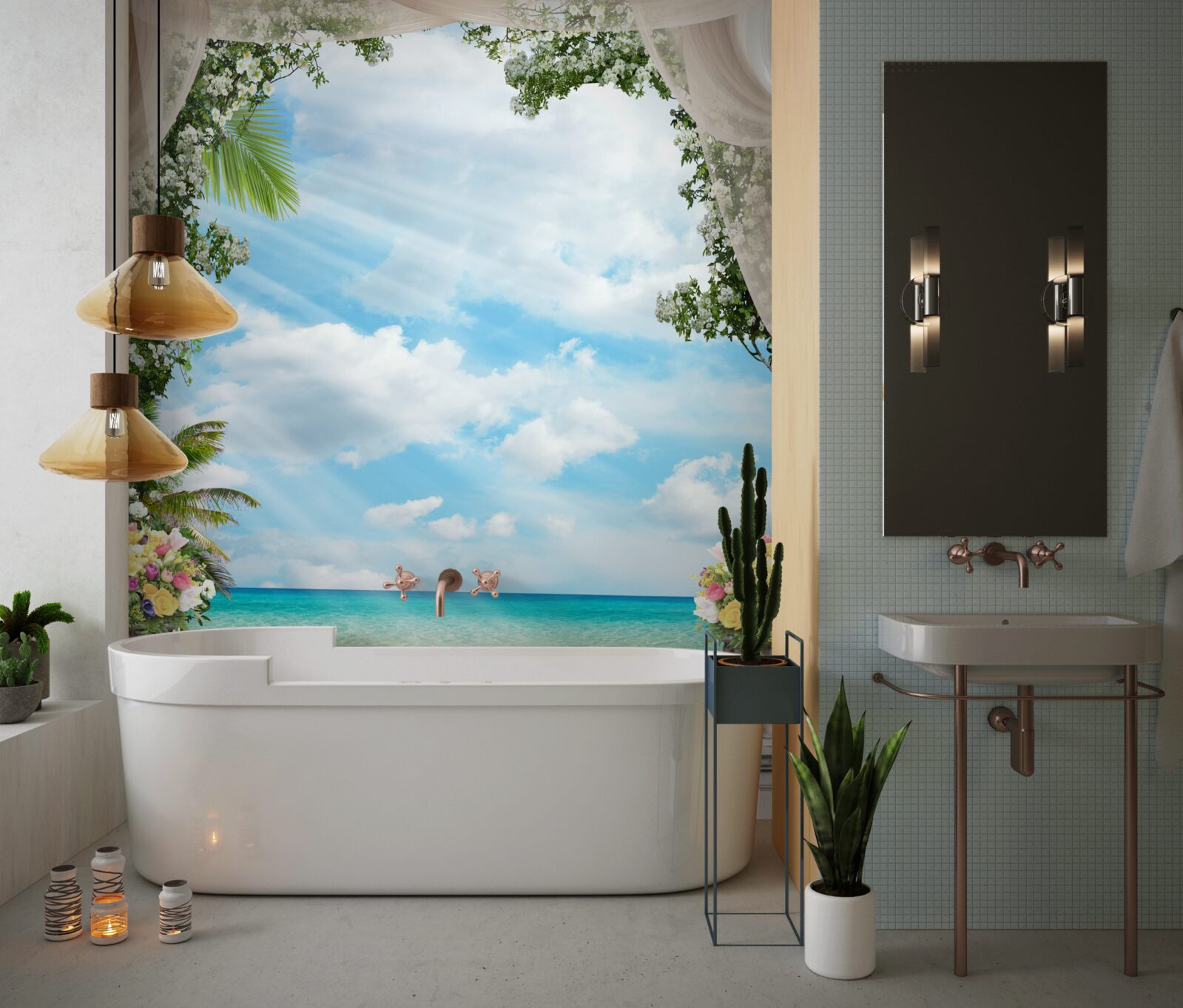 Fotobehang balkonramen kijken uit op het zandstrand en de zee