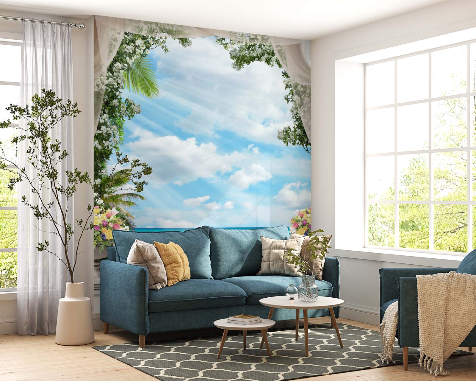 Fotobehang balkonramen kijken uit op het zandstrand en de zee