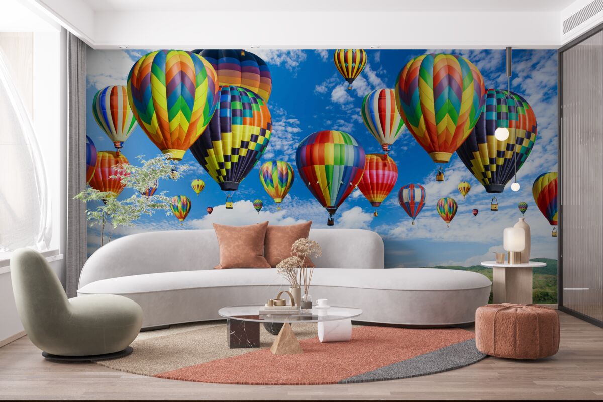 Fotobehang optocht van ballonnen in alle kleuren