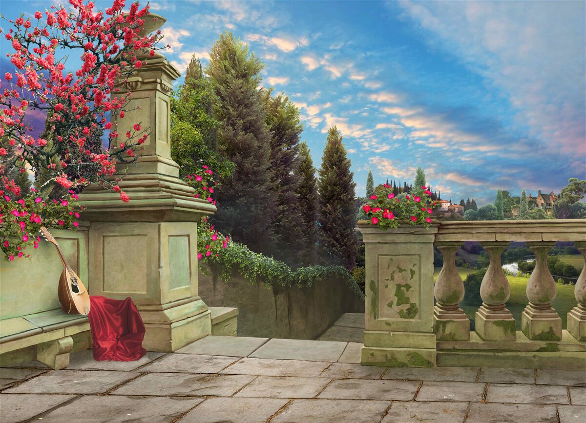 Fotobehang verlaten muziekinstrument en scharlaken doek