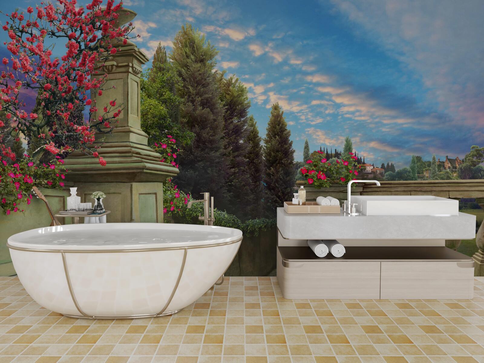 Fotobehang verlaten muziekinstrument en scharlaken doek