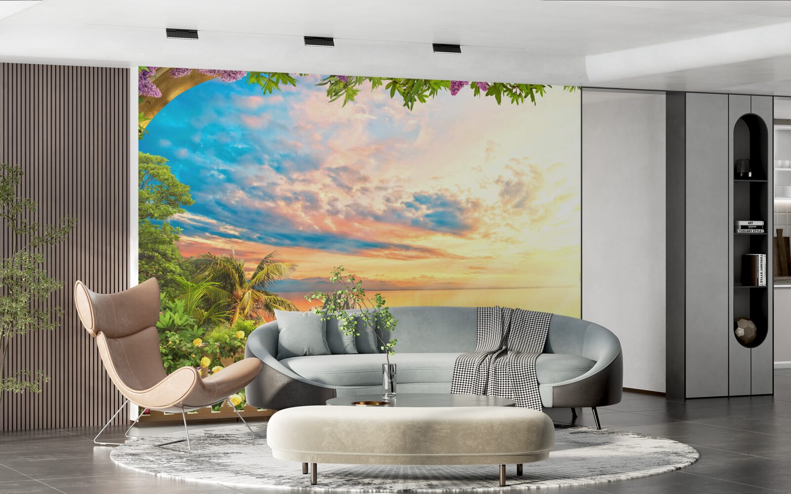 Fotobehang terras met uitzicht op zee, overspoeld door het licht van de ondergaande zon