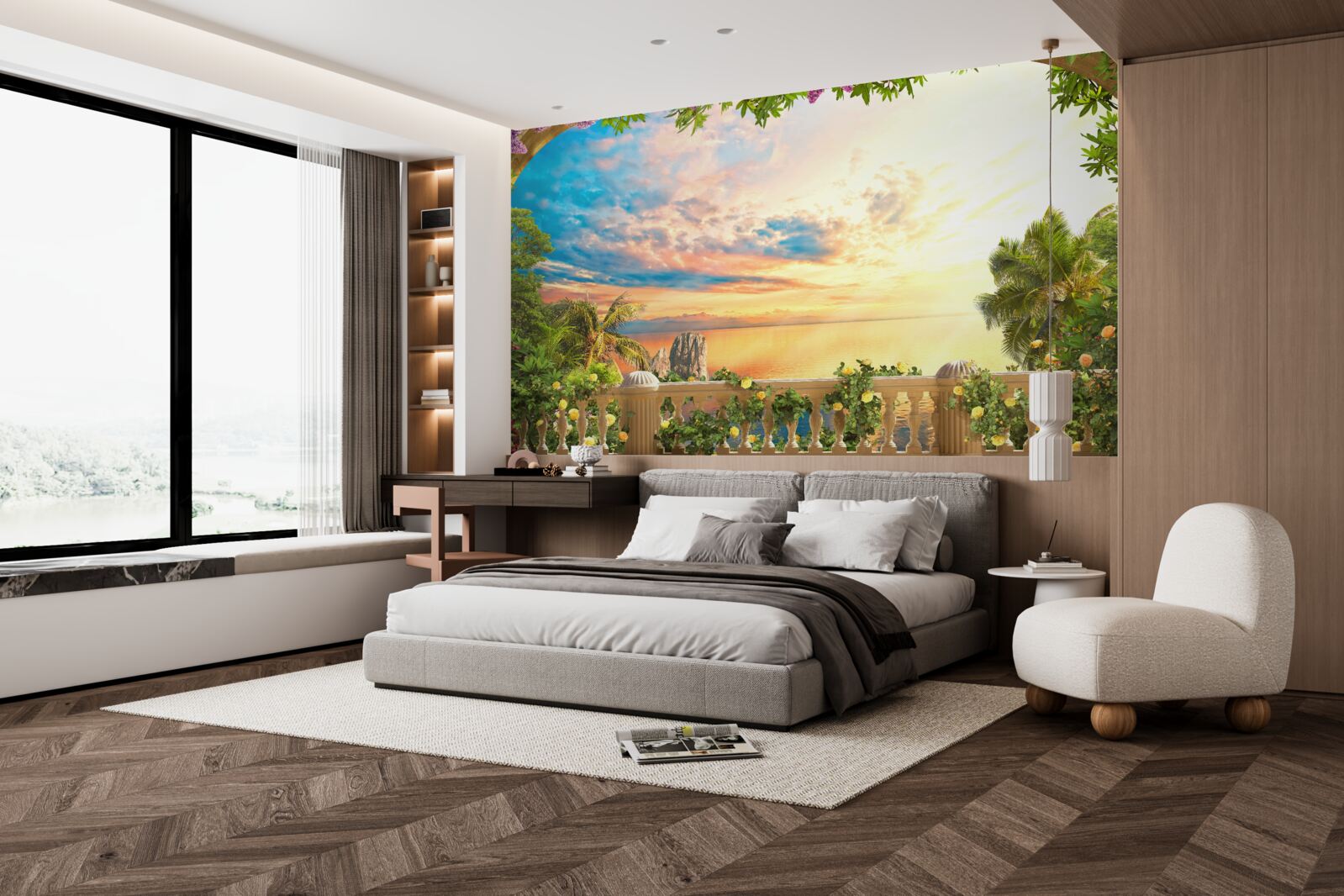 Fotobehang terras met uitzicht op zee, overspoeld door het licht van de ondergaande zon