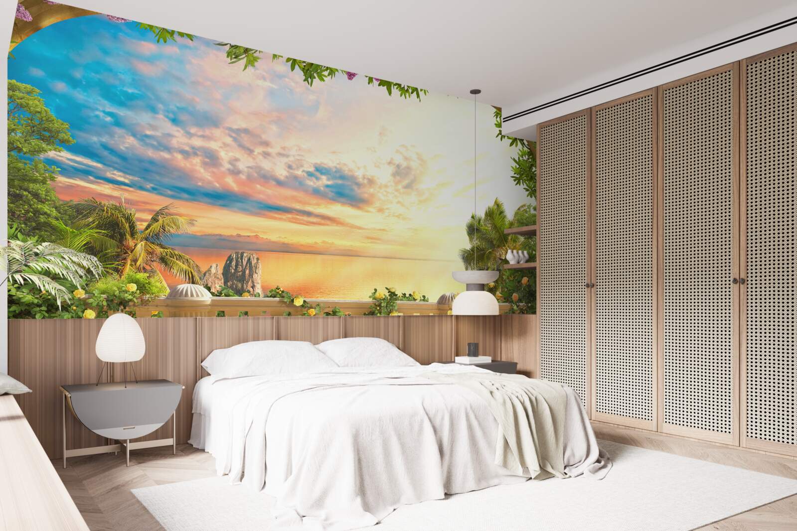 Fotobehang terras met uitzicht op zee, overspoeld door het licht van de ondergaande zon