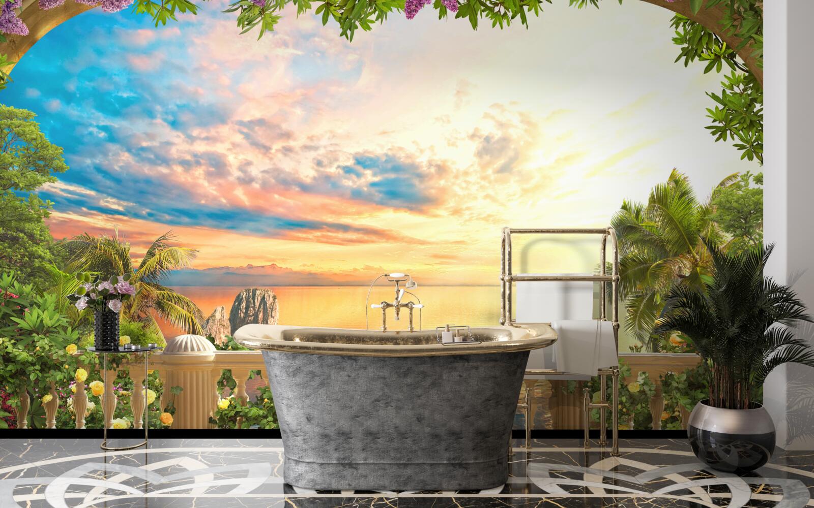 Fotobehang terras met uitzicht op zee, overspoeld door het licht van de ondergaande zon