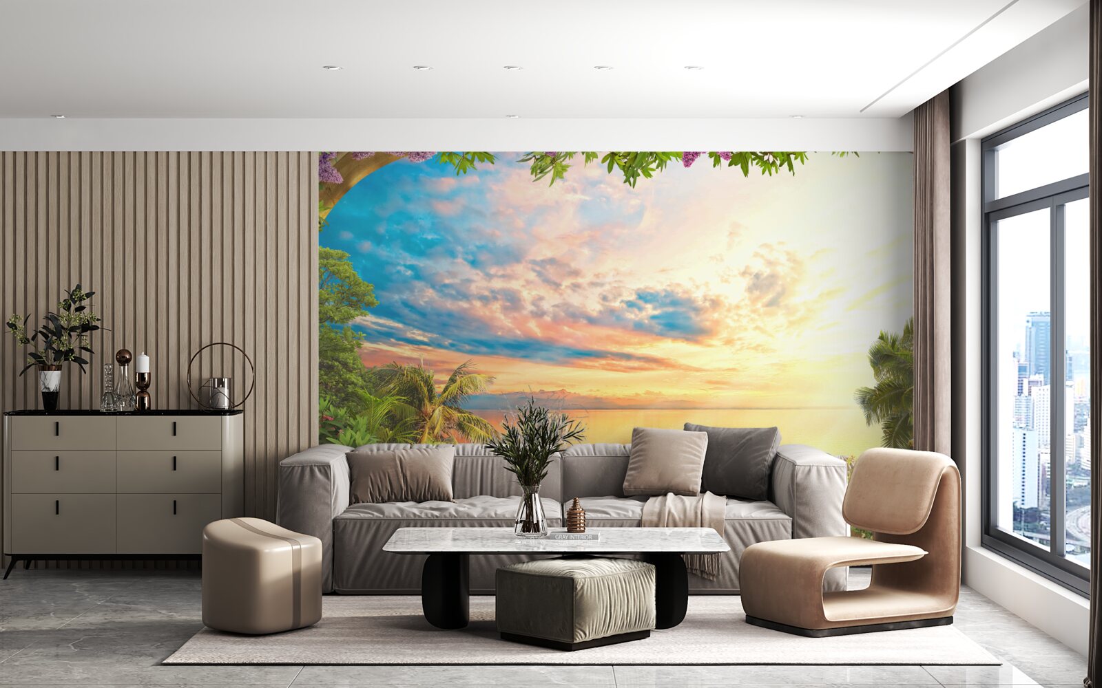 Fotobehang terras met uitzicht op zee, overspoeld door het licht van de ondergaande zon