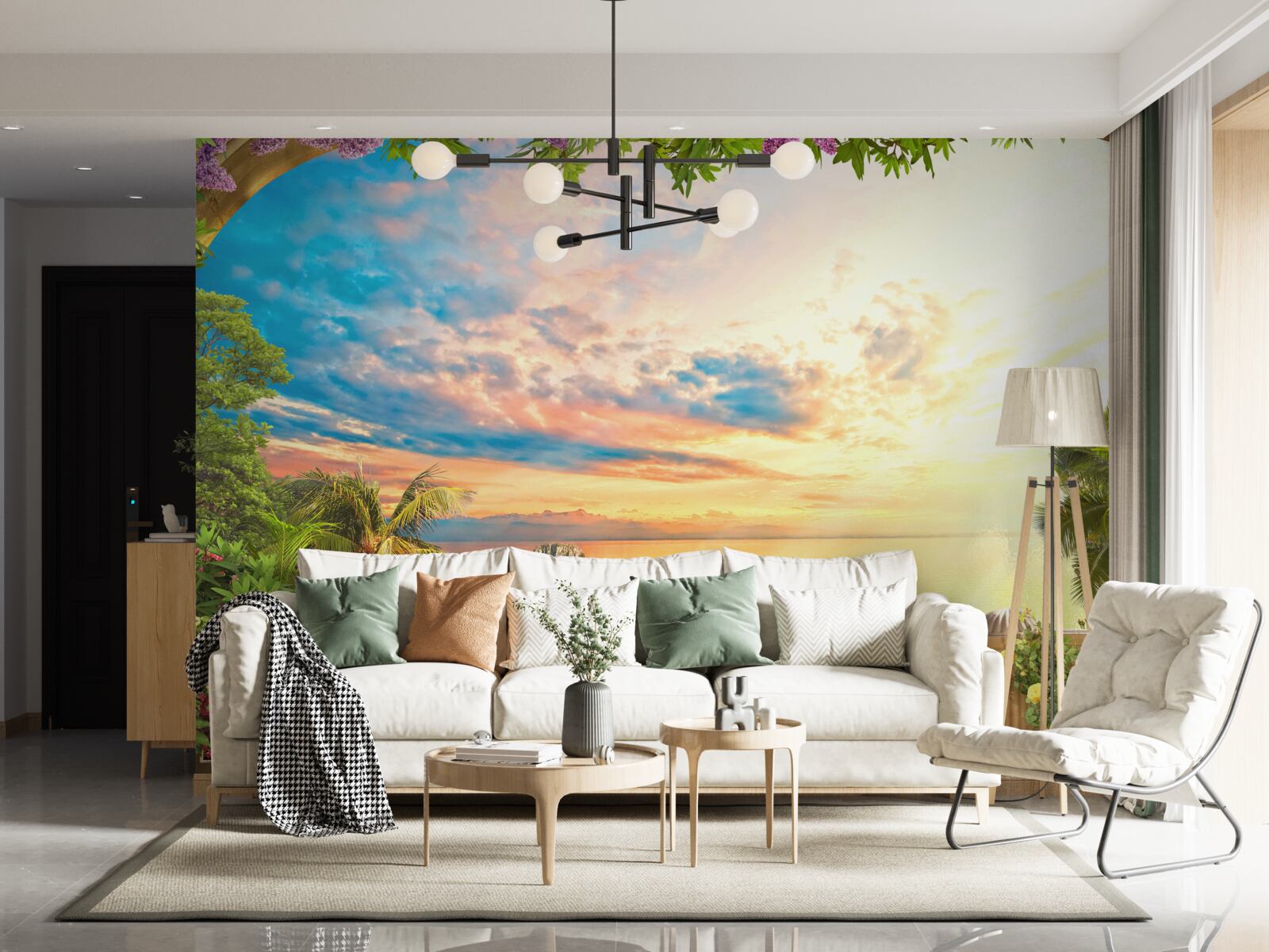 Fotobehang terras met uitzicht op zee, overspoeld door het licht van de ondergaande zon