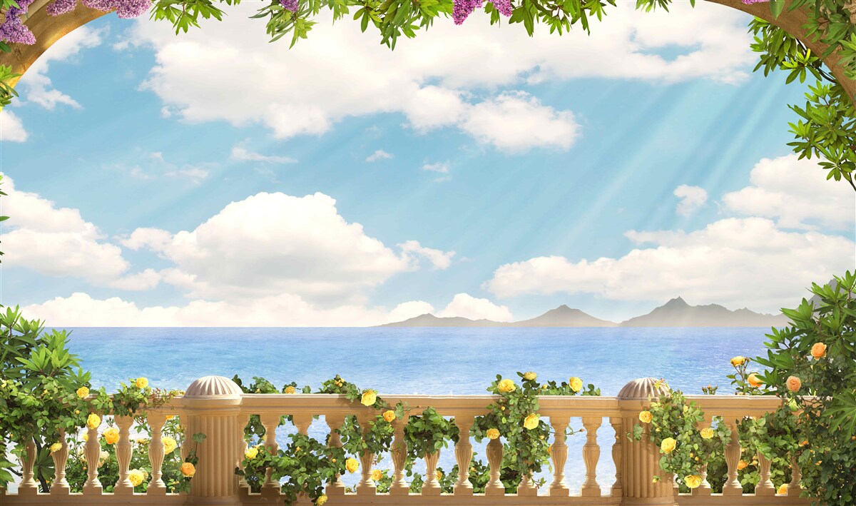 Fotobehang panorama van zee en bewolkte hemel