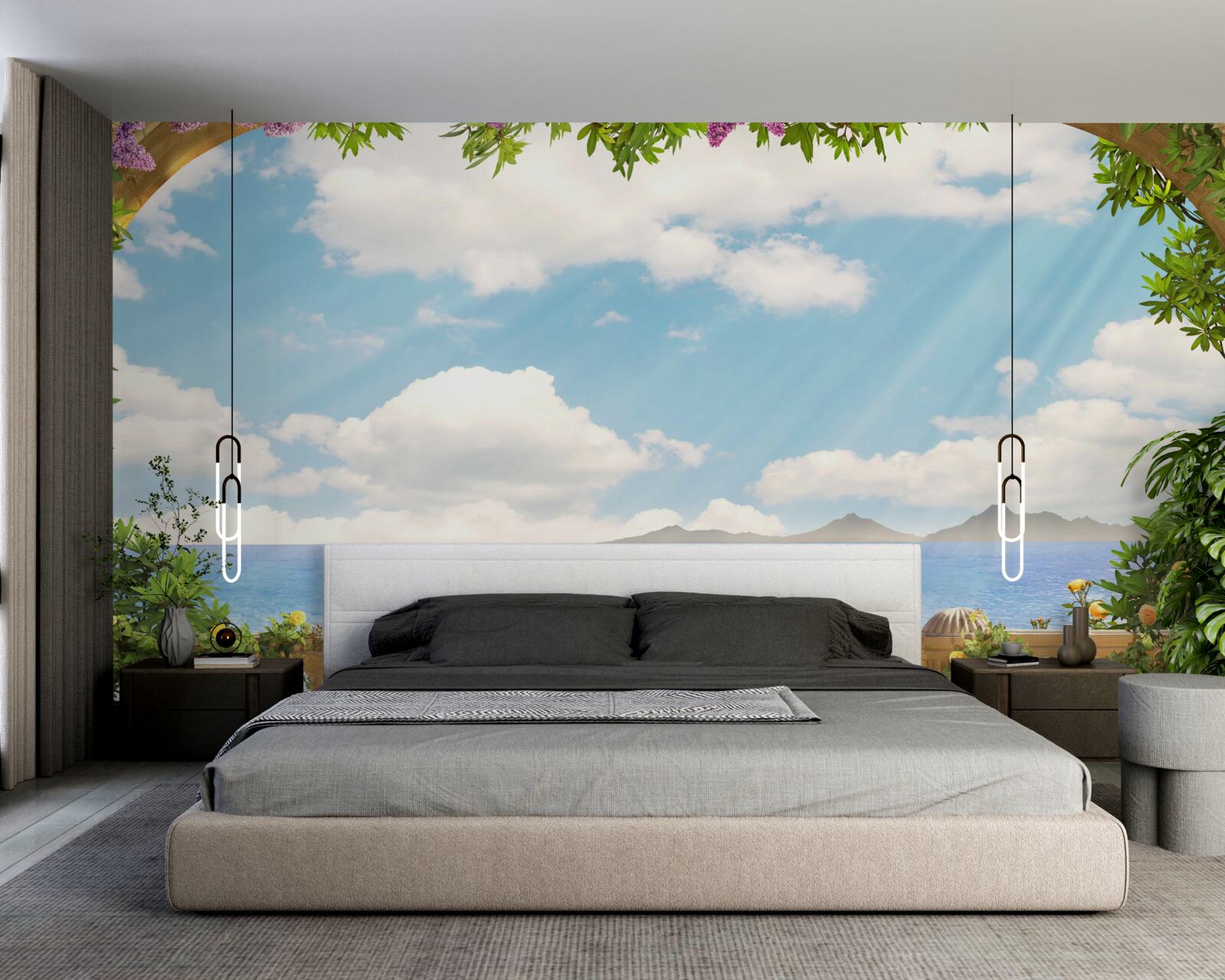 Fotobehang panorama van zee en bewolkte hemel