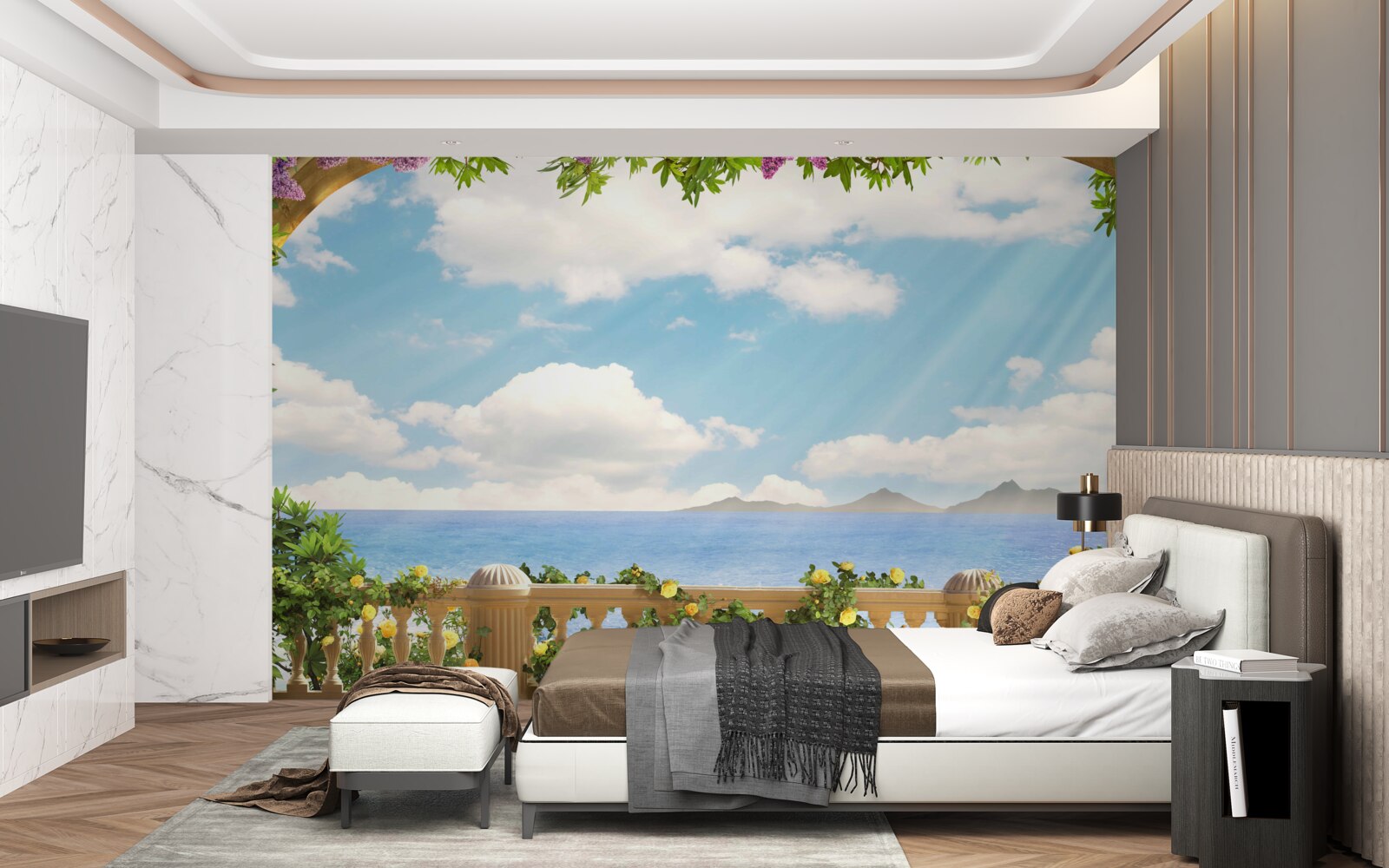 Fotobehang panorama van zee en bewolkte hemel