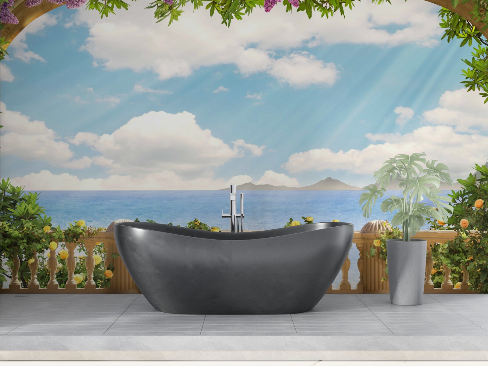 Fotobehang panorama van zee en bewolkte hemel