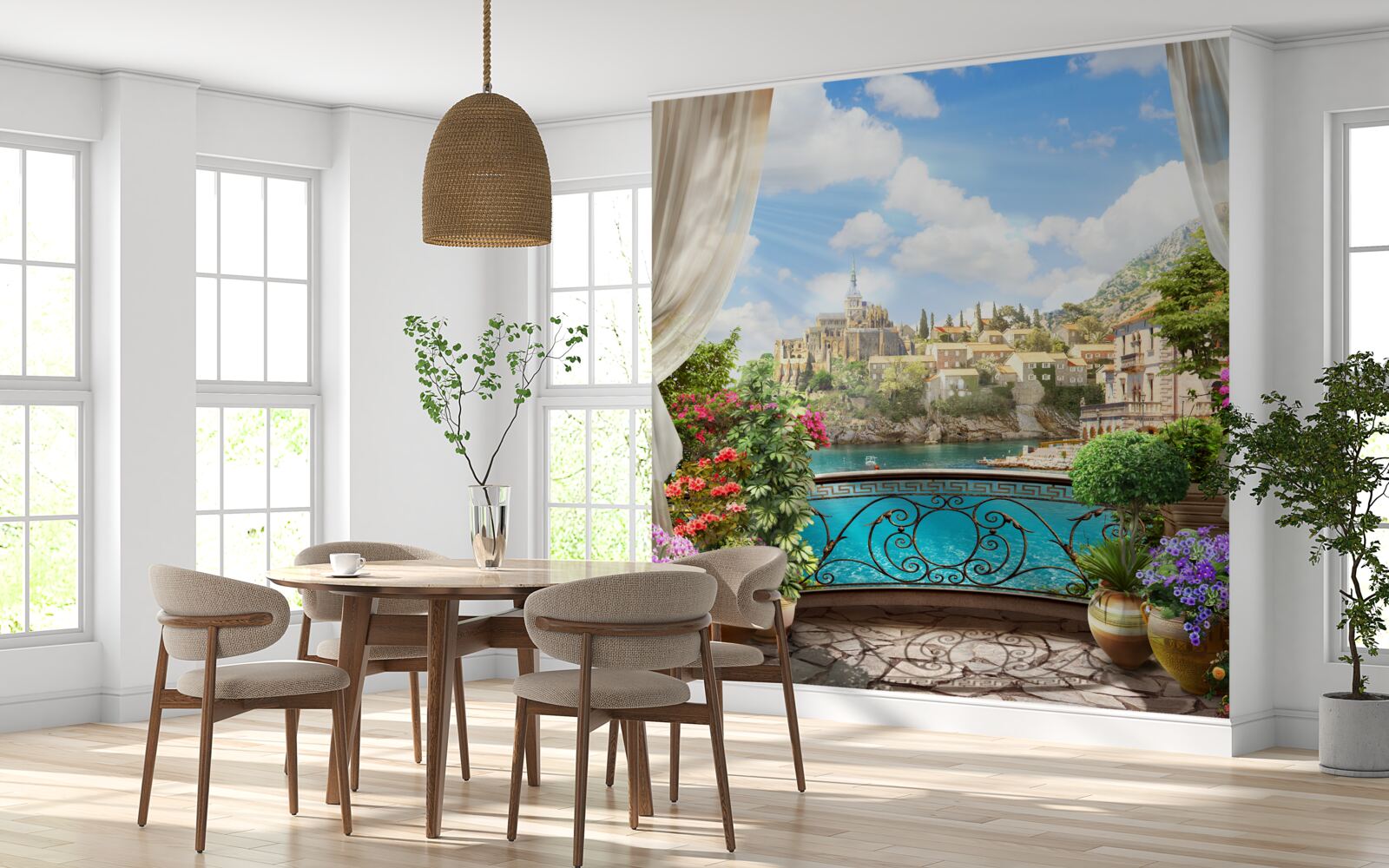 Fotobehang panoramisch uitzicht over de stad vanaf het balkon