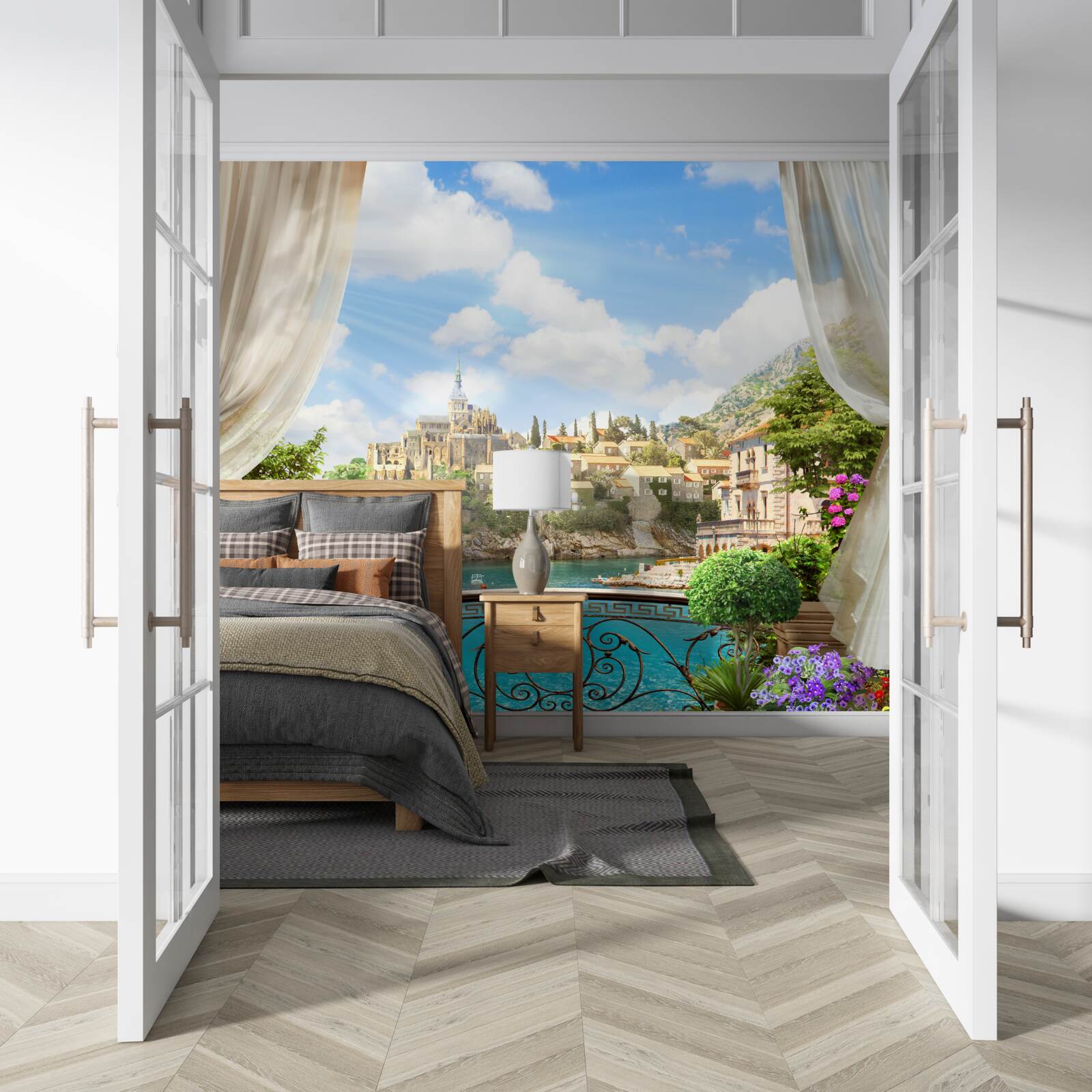 Fotobehang panoramisch uitzicht over de stad vanaf het balkon