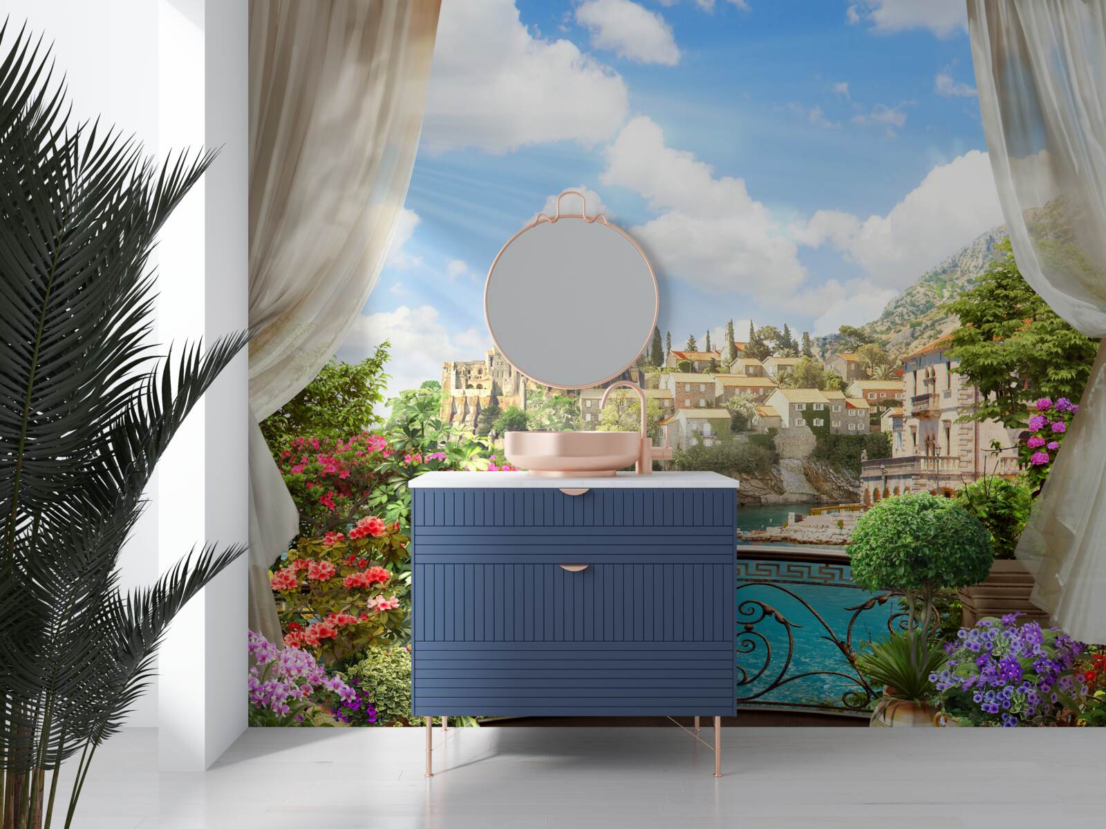 Fotobehang panoramisch uitzicht over de stad vanaf het balkon