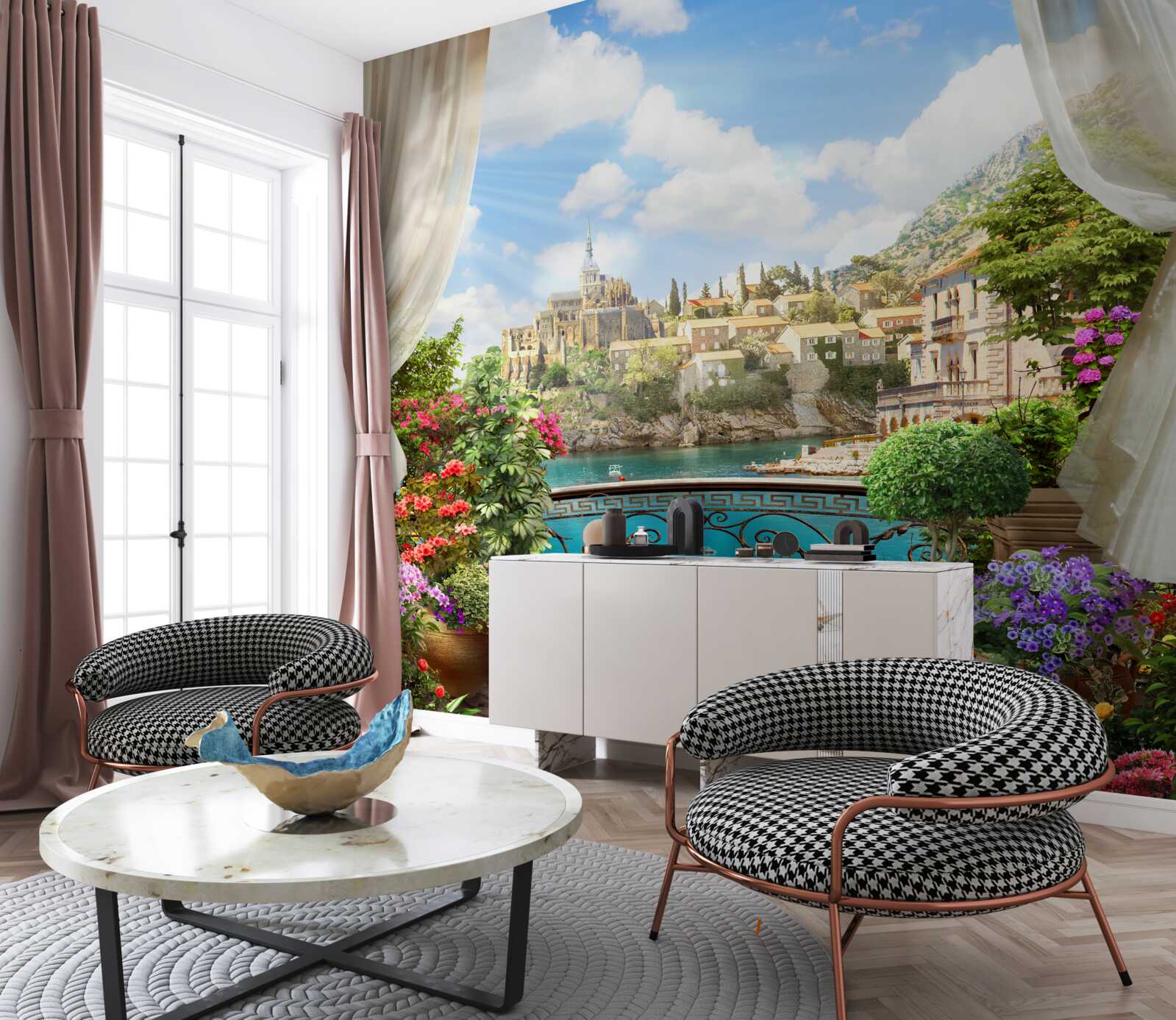 Fotobehang panoramisch uitzicht over de stad vanaf het balkon