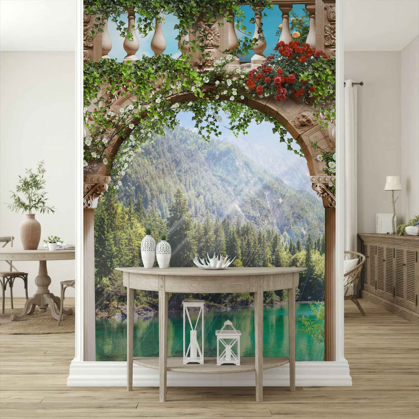 Fotobehang boot versierd met bloemen bij de boeg