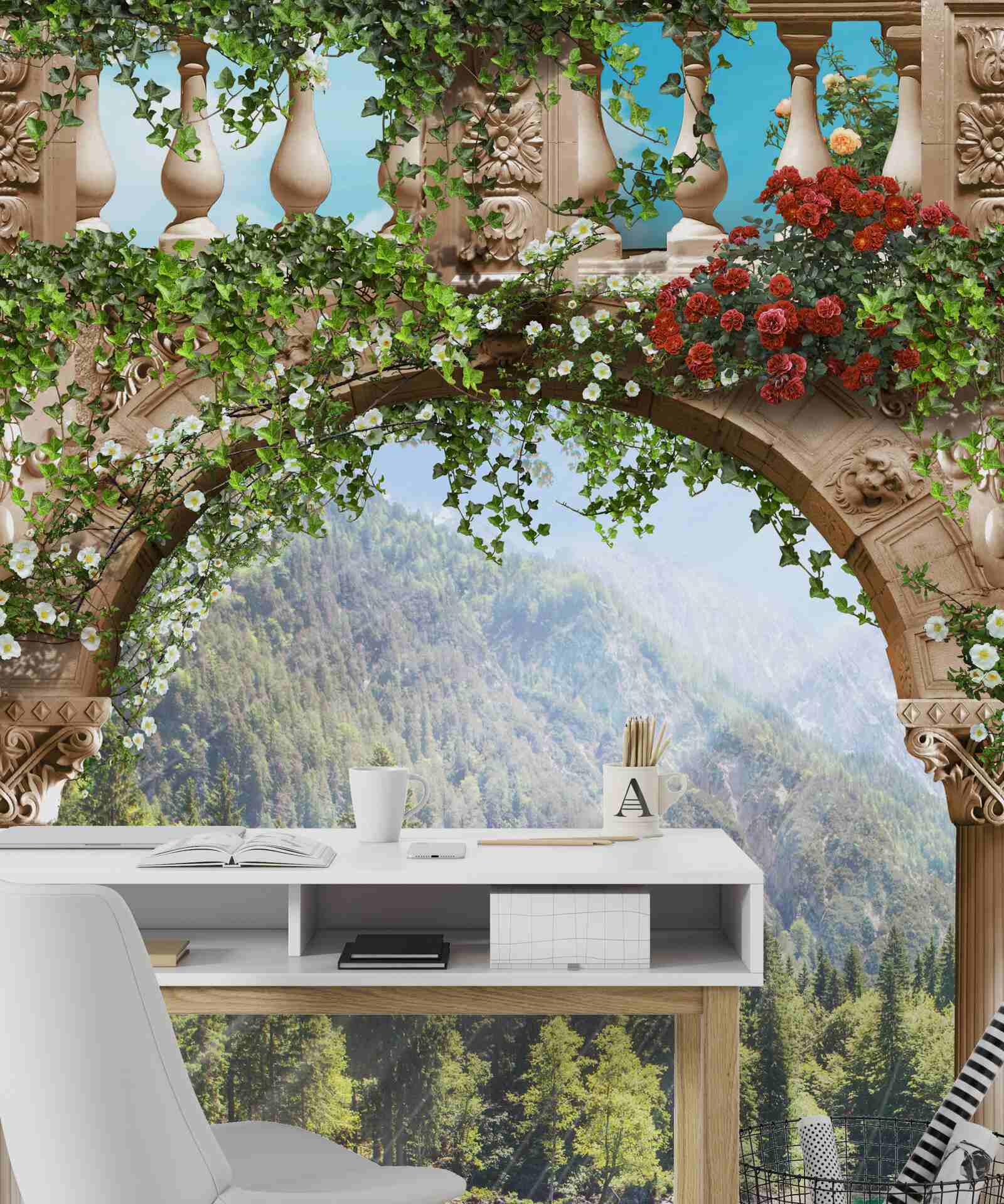 Fotobehang boot versierd met bloemen bij de boeg