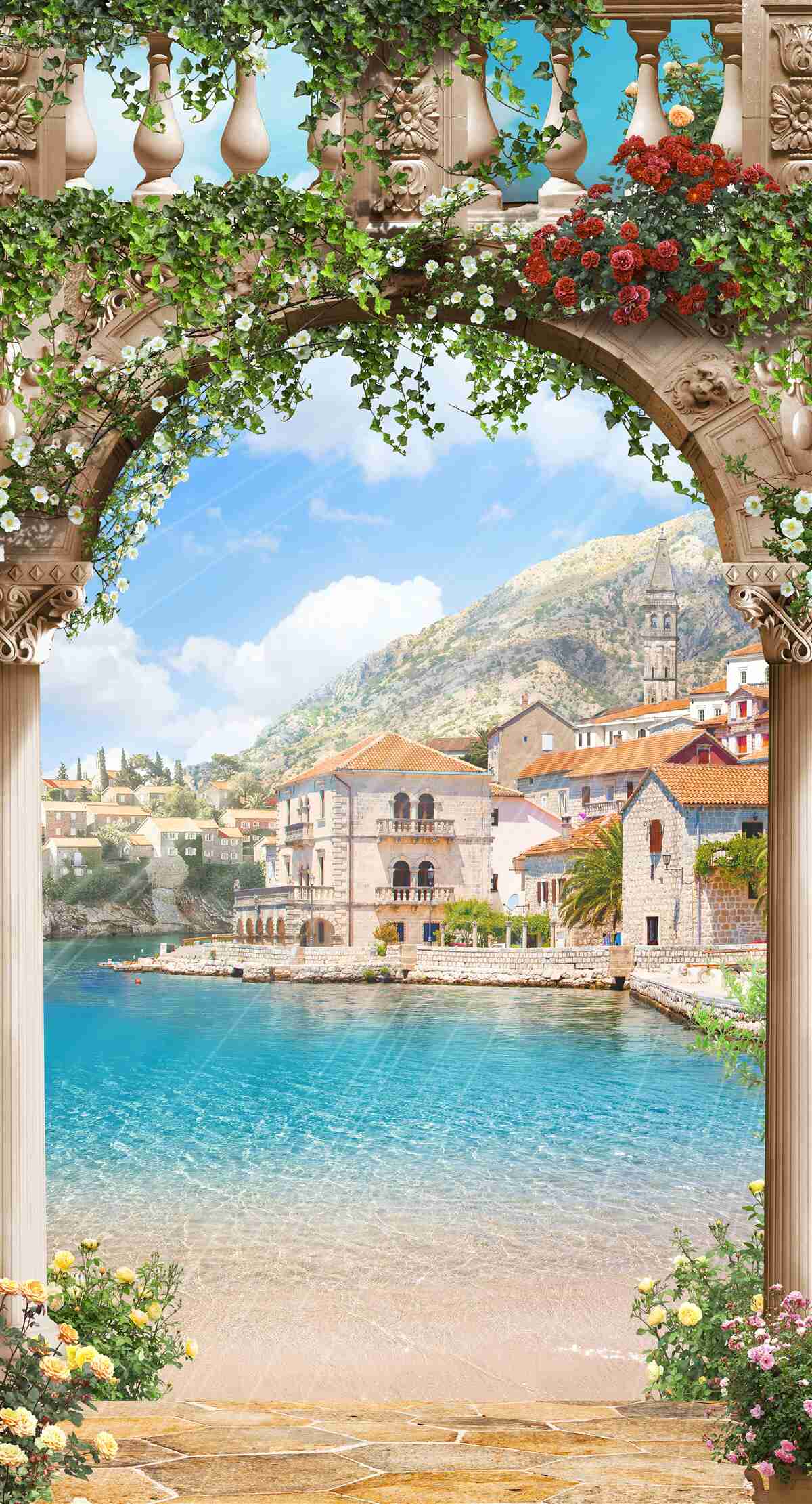 Fotobehang uitzicht op zee door een bloeiende boog