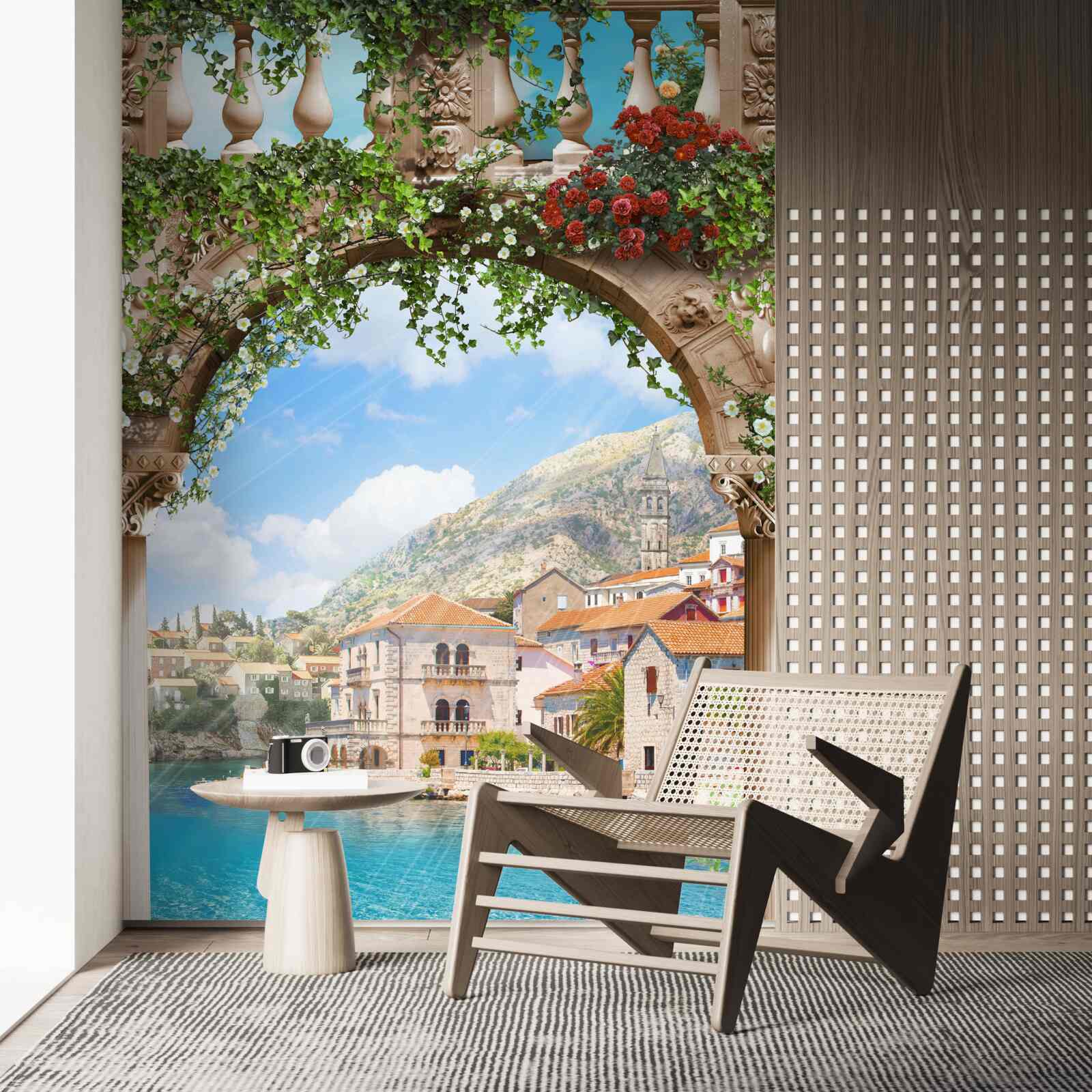 Fotobehang uitzicht op zee door een bloeiende boog