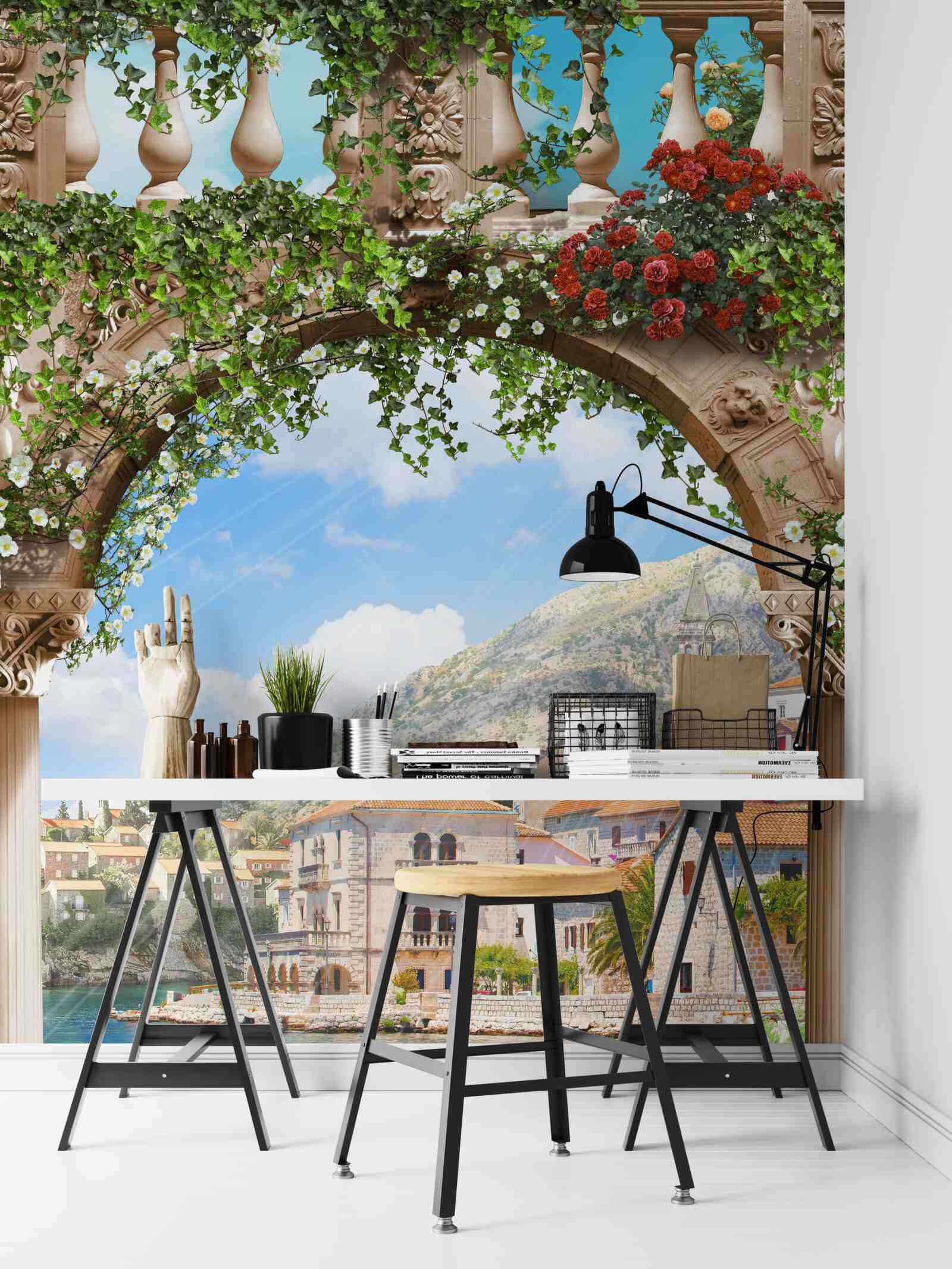 Fotobehang uitzicht op zee door een bloeiende boog