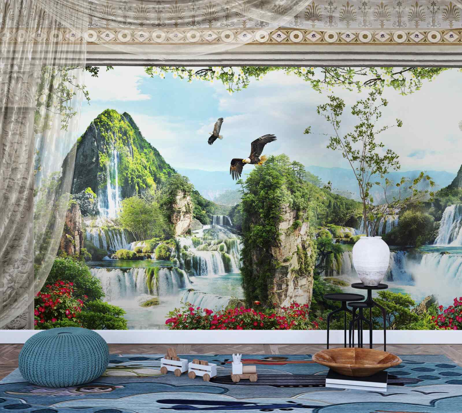 Fotobehang landschap met bergen en watervallen