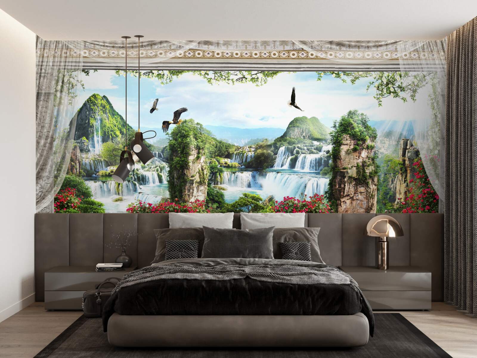 Fotobehang landschap met bergen en watervallen