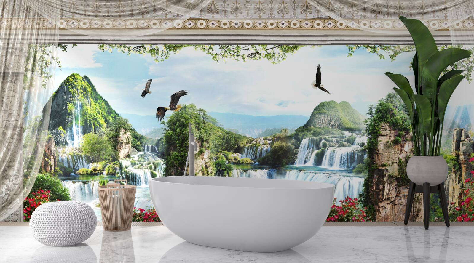 Fotobehang landschap met bergen en watervallen