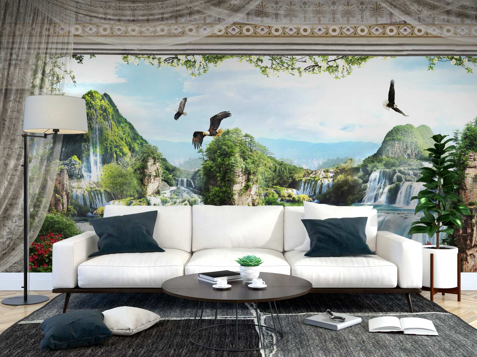 Fotobehang landschap met bergen en watervallen