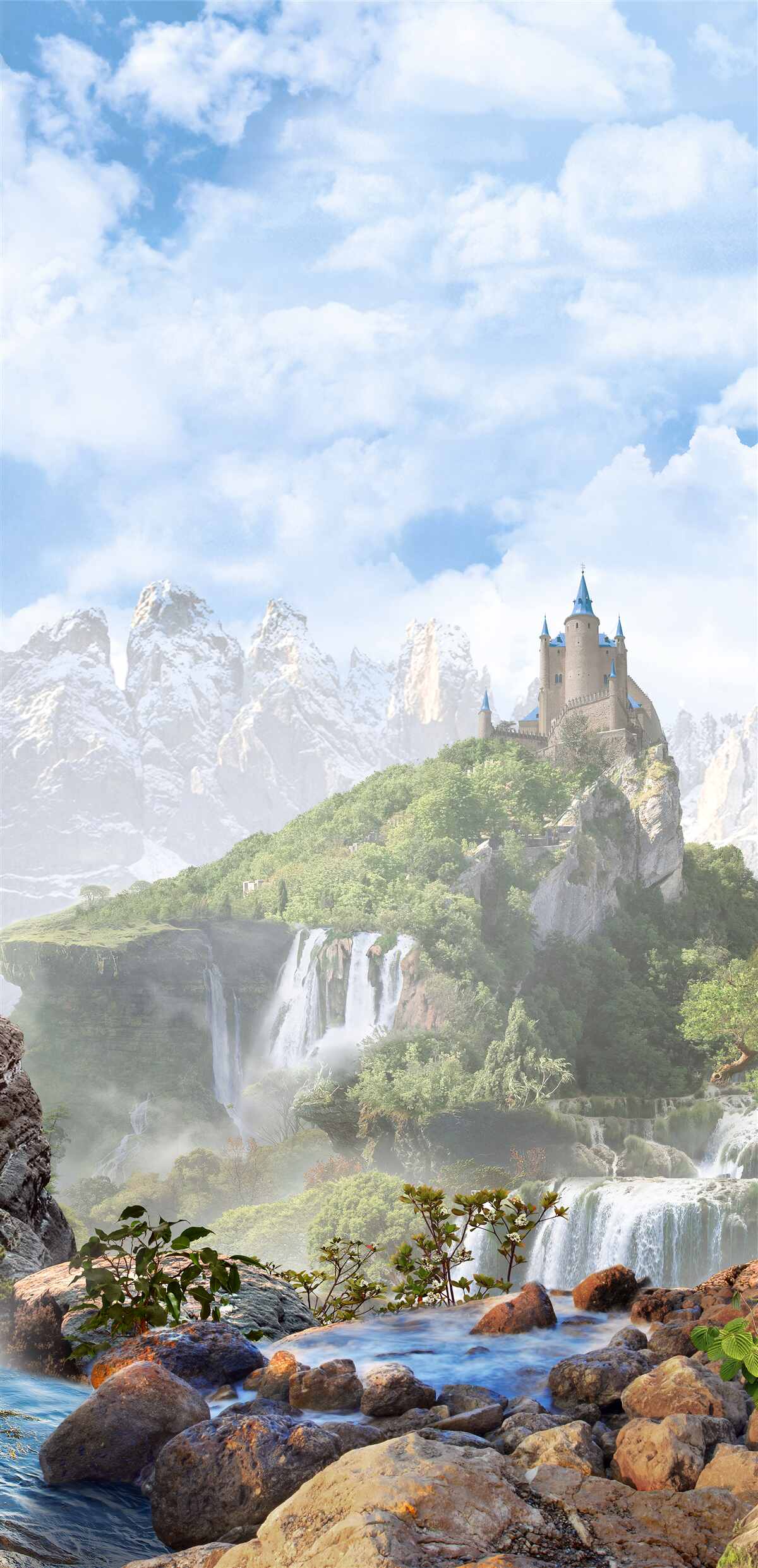 Fotobehang watervallen en een kasteel zichtbaar in de verte