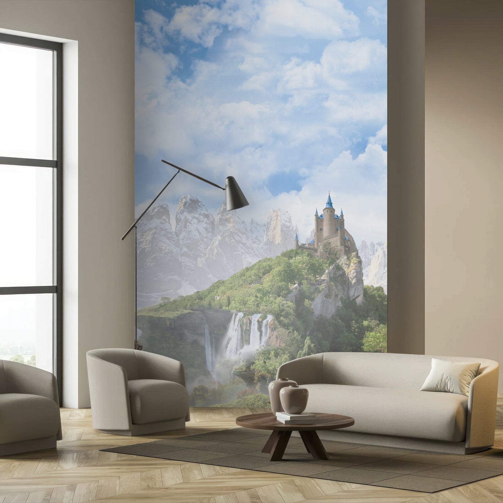 Fotobehang watervallen en een kasteel zichtbaar in de verte