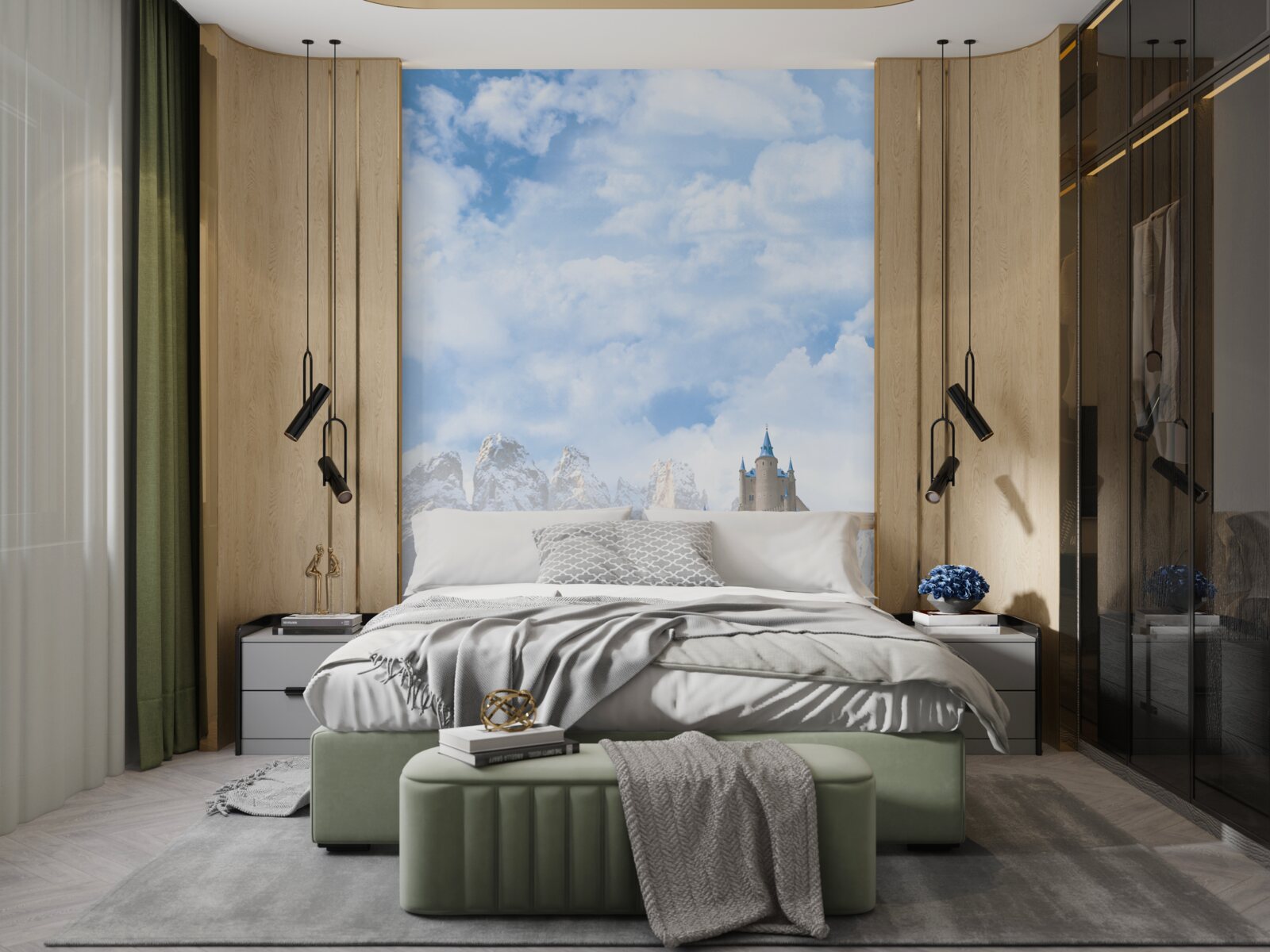 Fotobehang watervallen en een kasteel zichtbaar in de verte