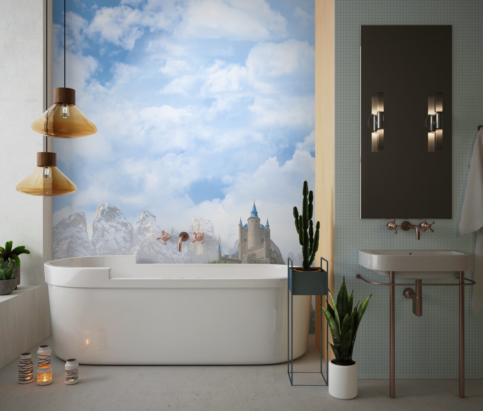 Fotobehang watervallen en een kasteel zichtbaar in de verte