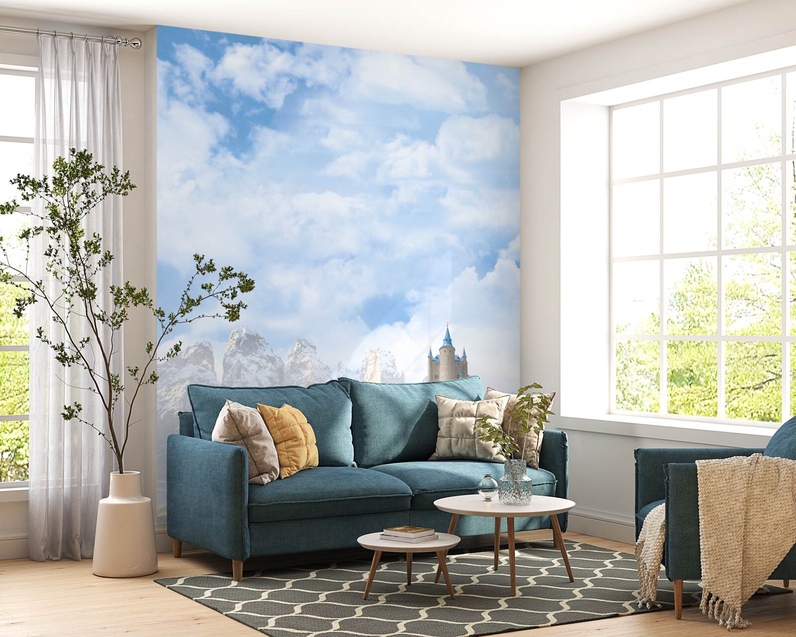 Fotobehang watervallen en een kasteel zichtbaar in de verte