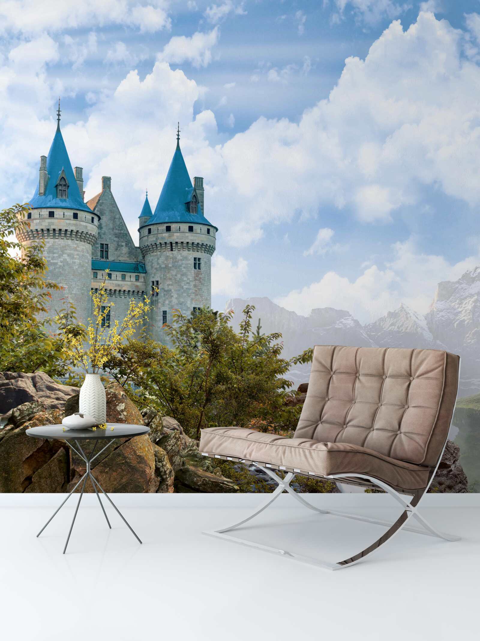 Fotobehang een sprookjeskasteel uitgehouwen uit de rotsen