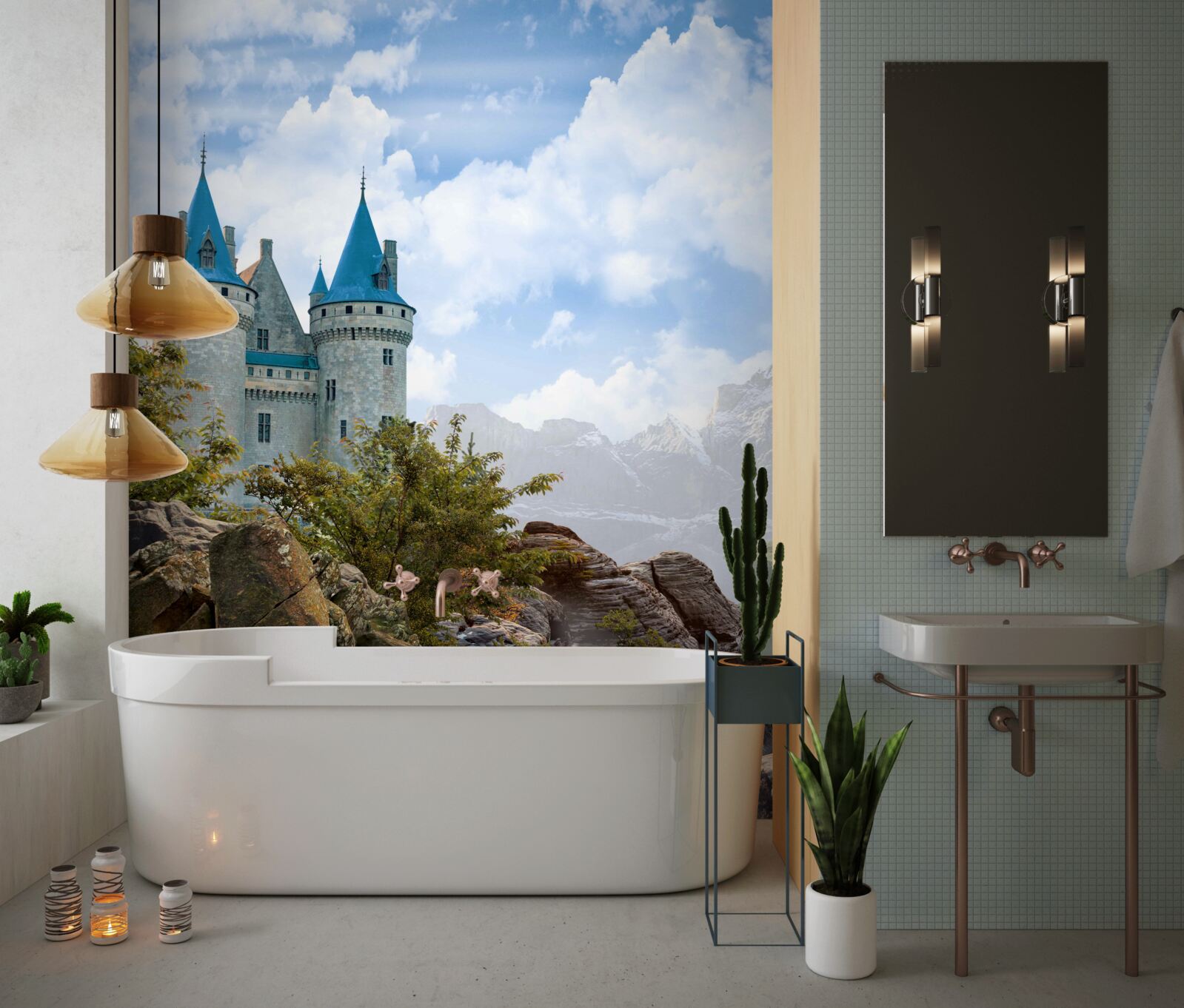 Fotobehang een sprookjeskasteel uitgehouwen uit de rotsen