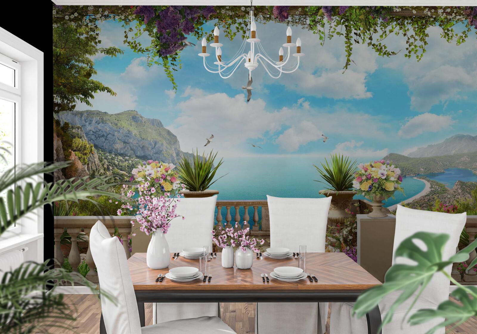 Fotobehang panoramisch uitzicht op de zee en het groen vanaf het balkon