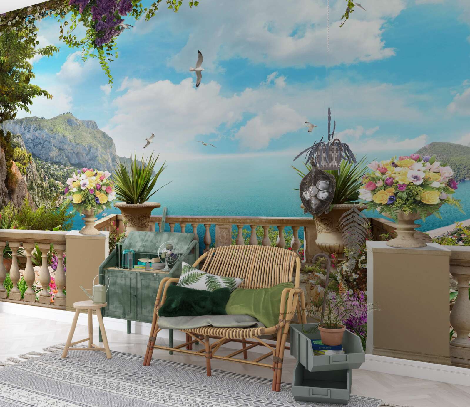 Fotobehang panoramisch uitzicht op de zee en het groen vanaf het balkon