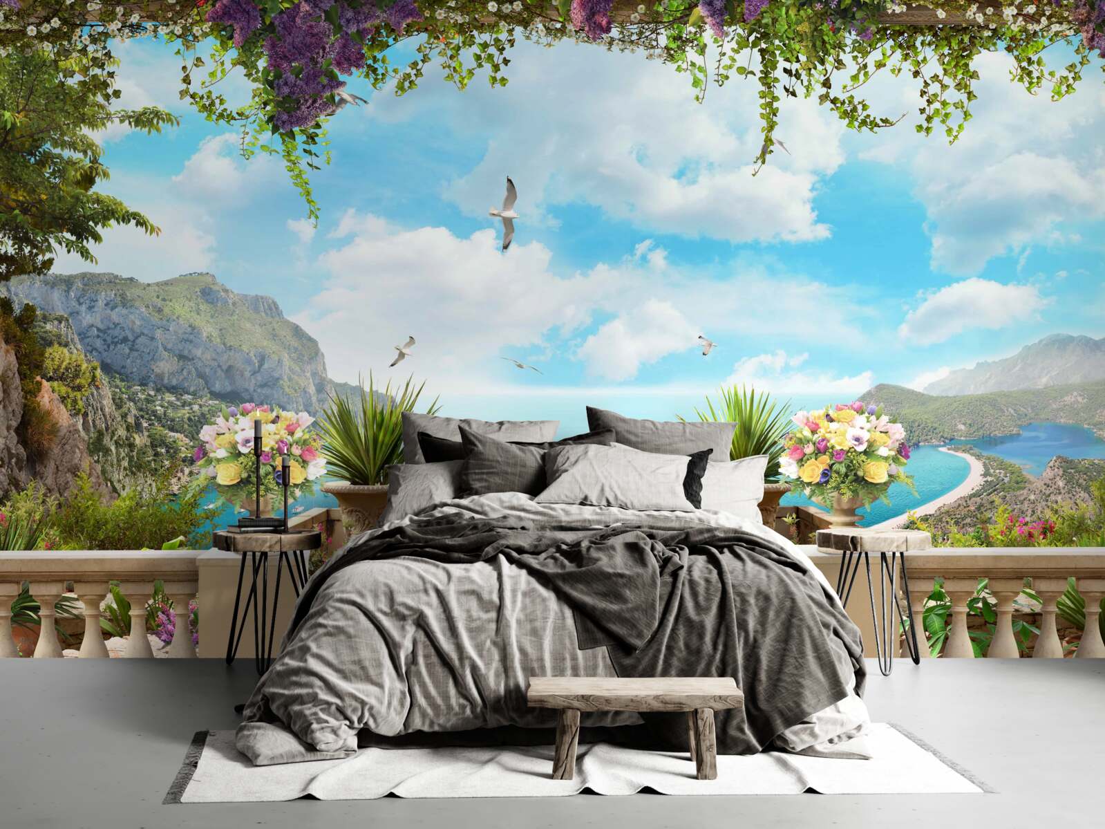 Fotobehang panoramisch uitzicht op de zee en het groen vanaf het balkon