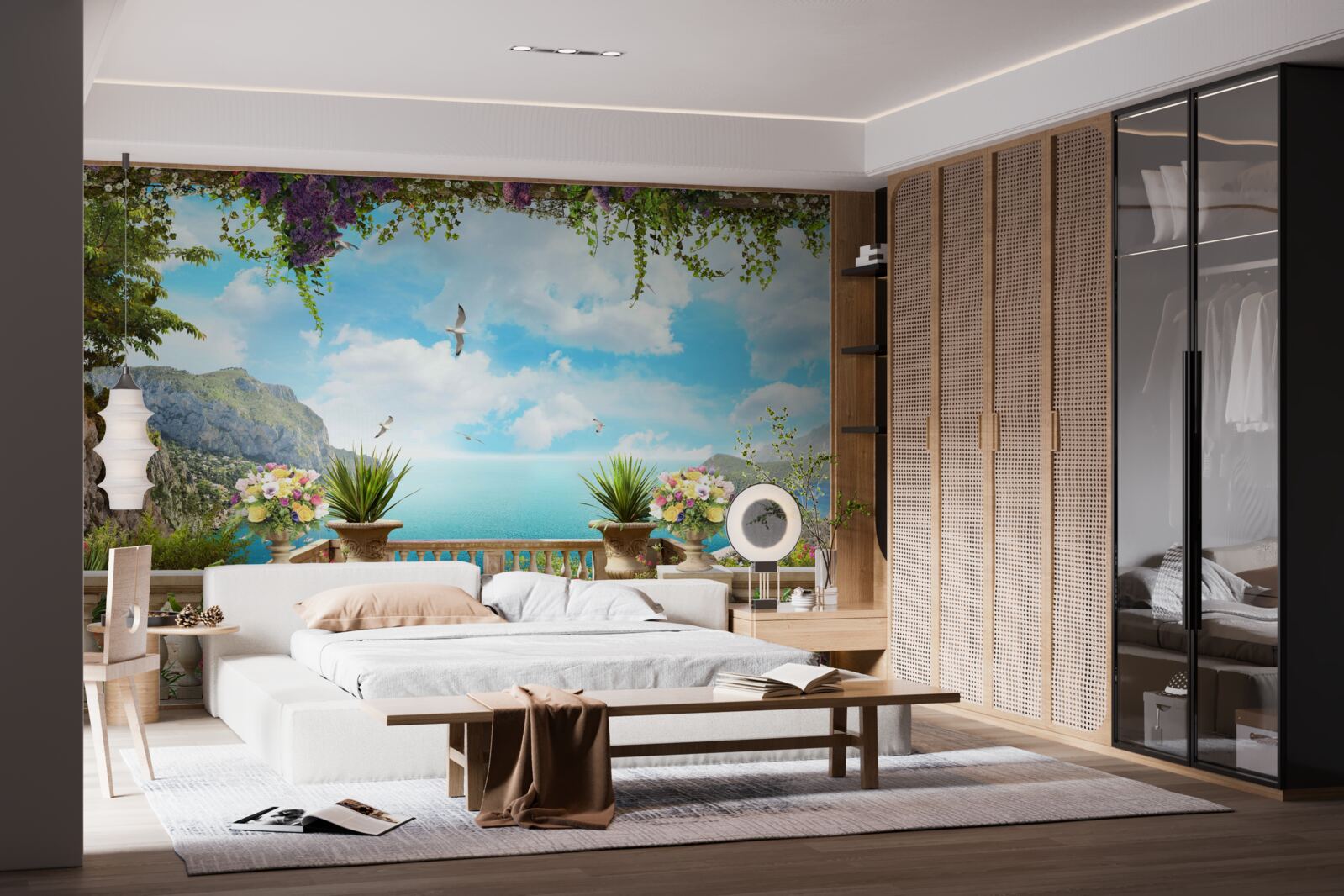 Fotobehang panoramisch uitzicht op de zee en het groen vanaf het balkon