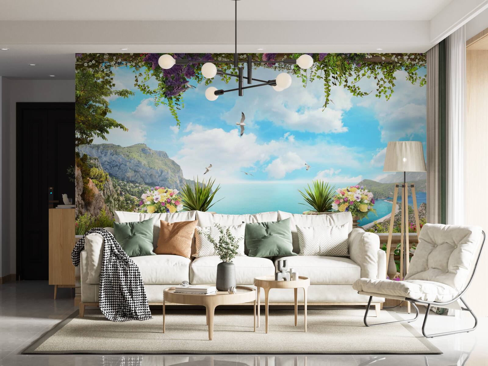 Fotobehang panoramisch uitzicht op de zee en het groen vanaf het balkon